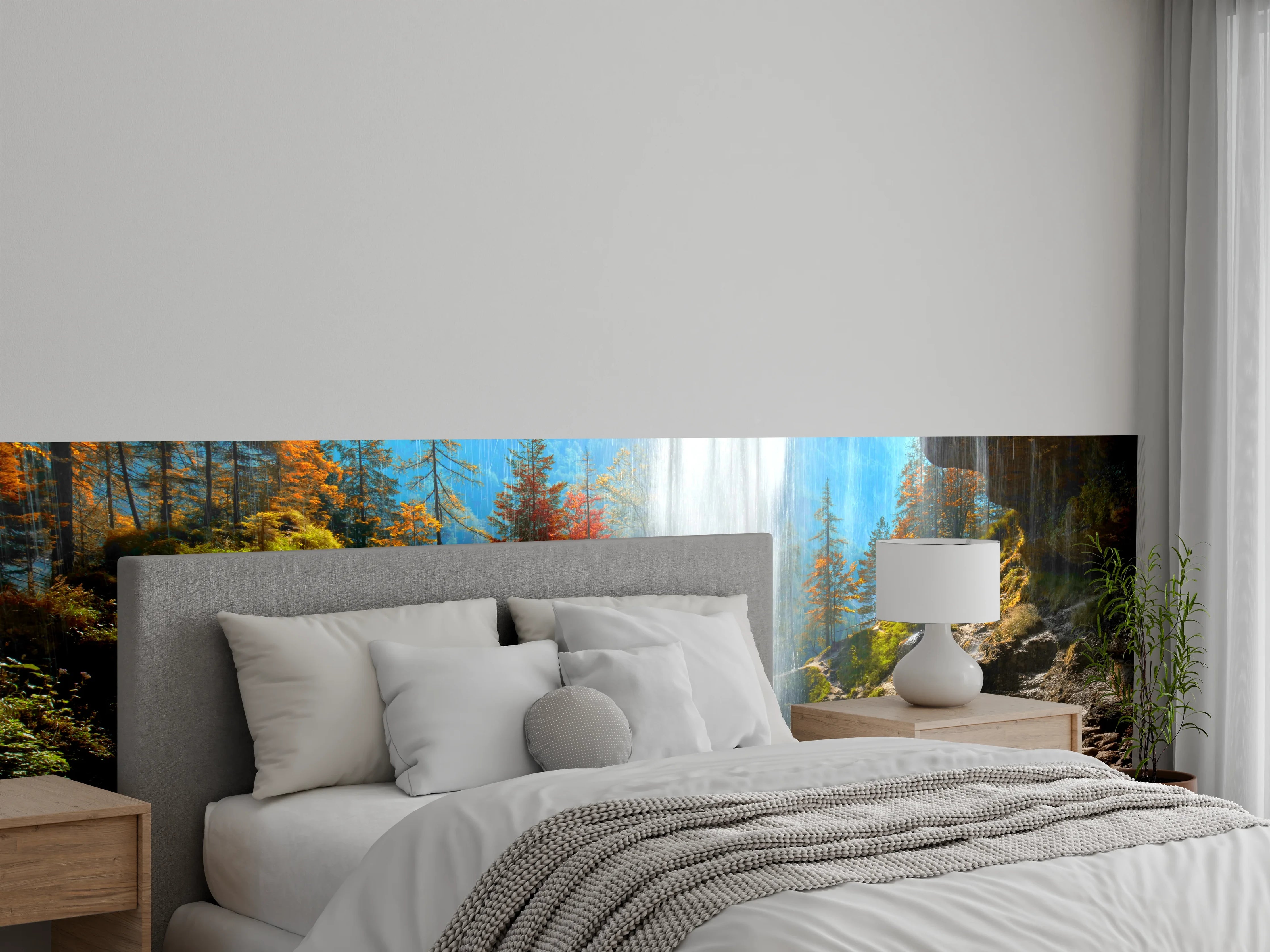 Wandverkleidung Schlafzimmer - Wasserfall im Sonnenlicht Wald Berg