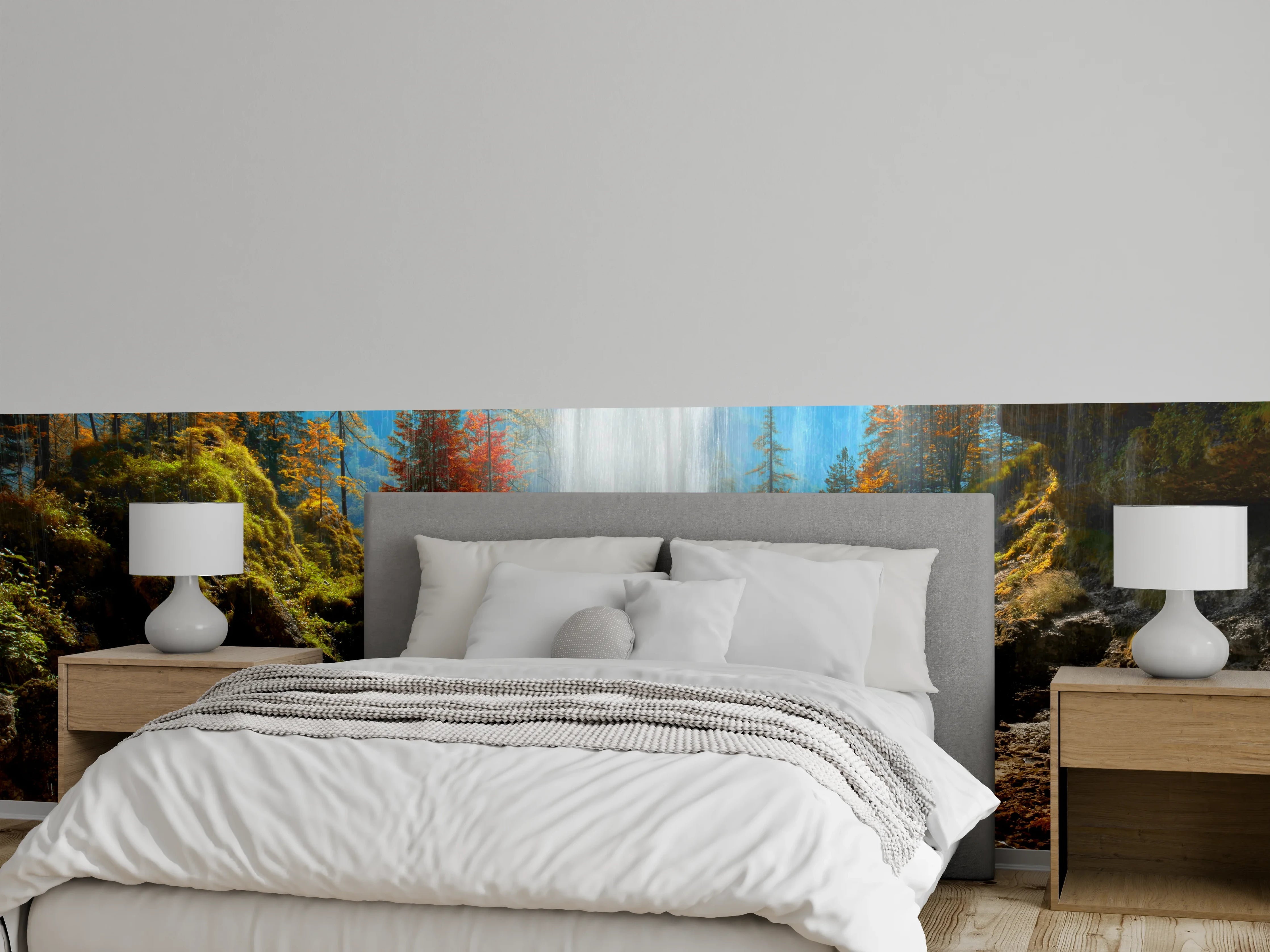 Wandverkleidung Schlafzimmer - Wasserfall im Sonnenlicht Wald Berg
