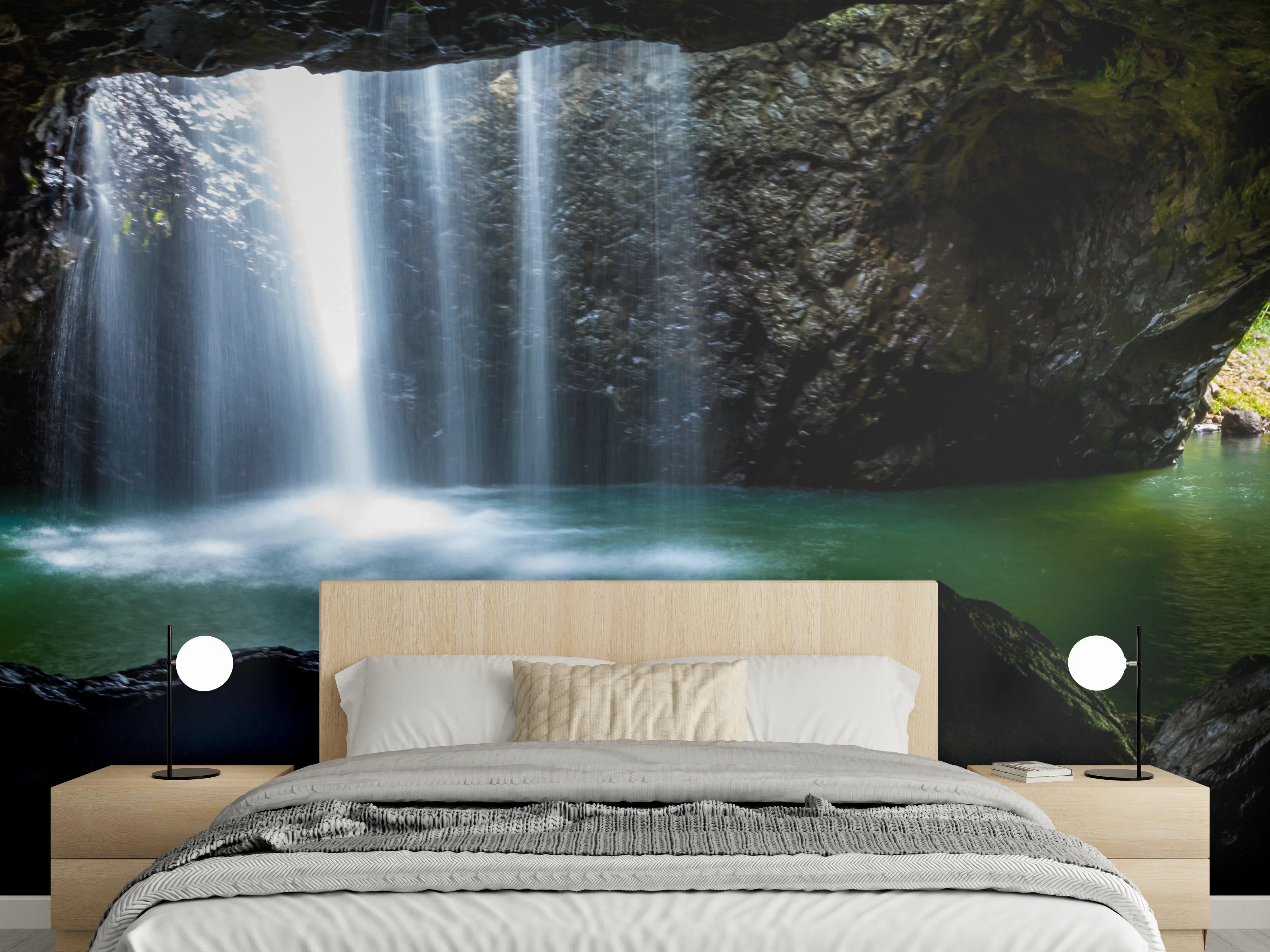 Wandverkleidung Schlafzimmer - Wasserfall in der Höhle