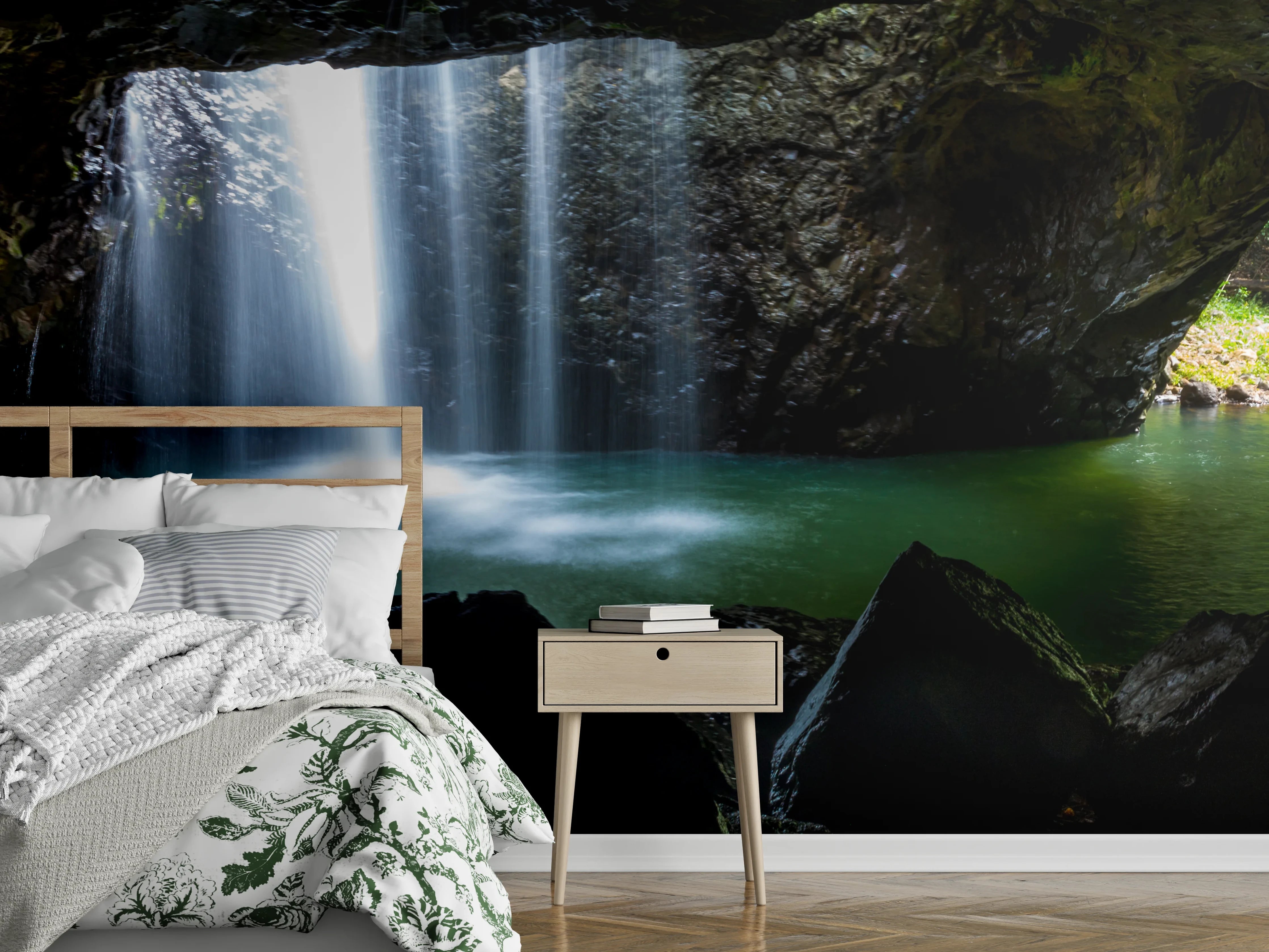 Wandverkleidung Schlafzimmer - Wasserfall in der Höhle