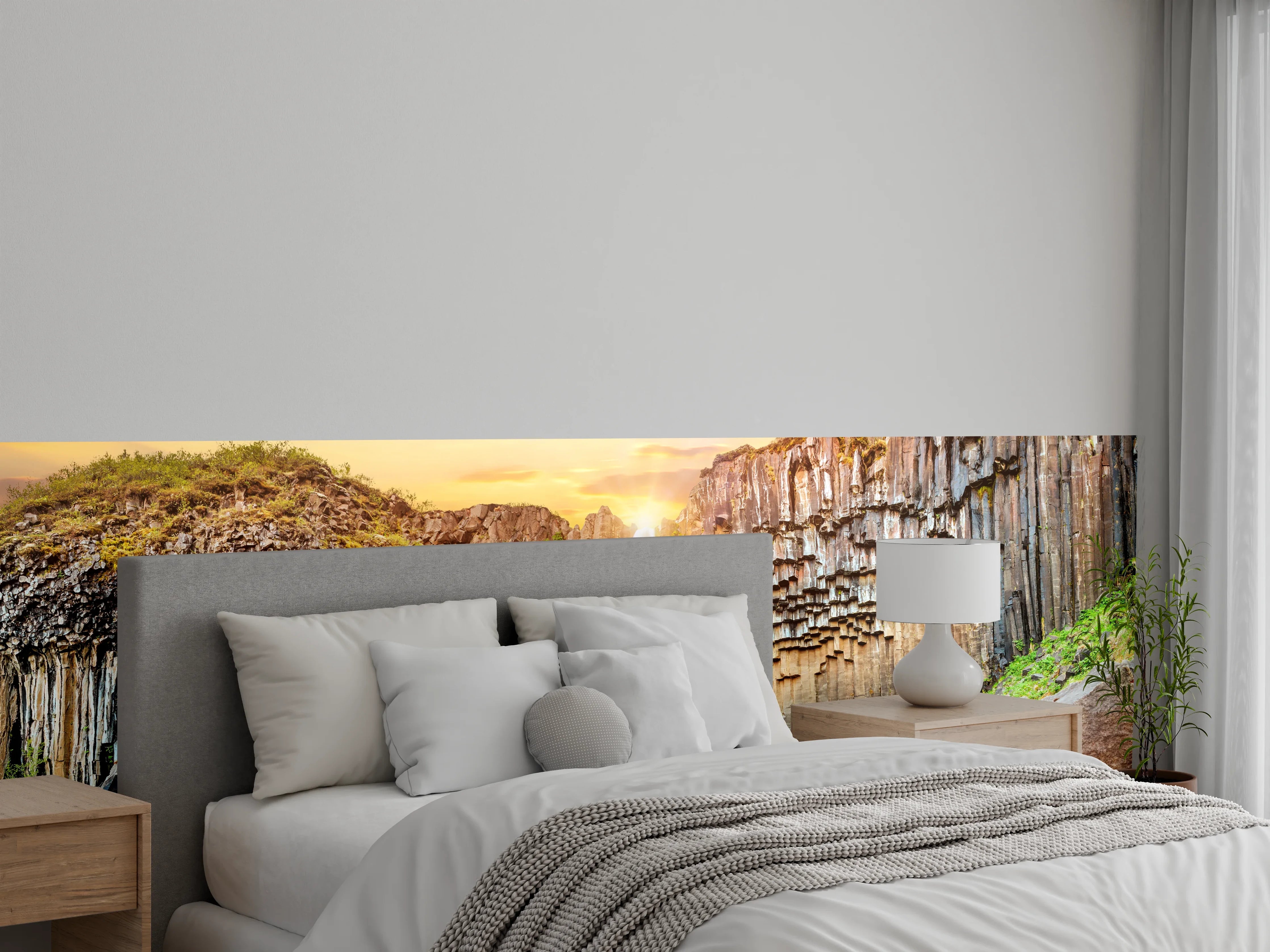 Wandverkleidung Schlafzimmer - Wasserfall vor Basaltsäulen Sonnenuntergang