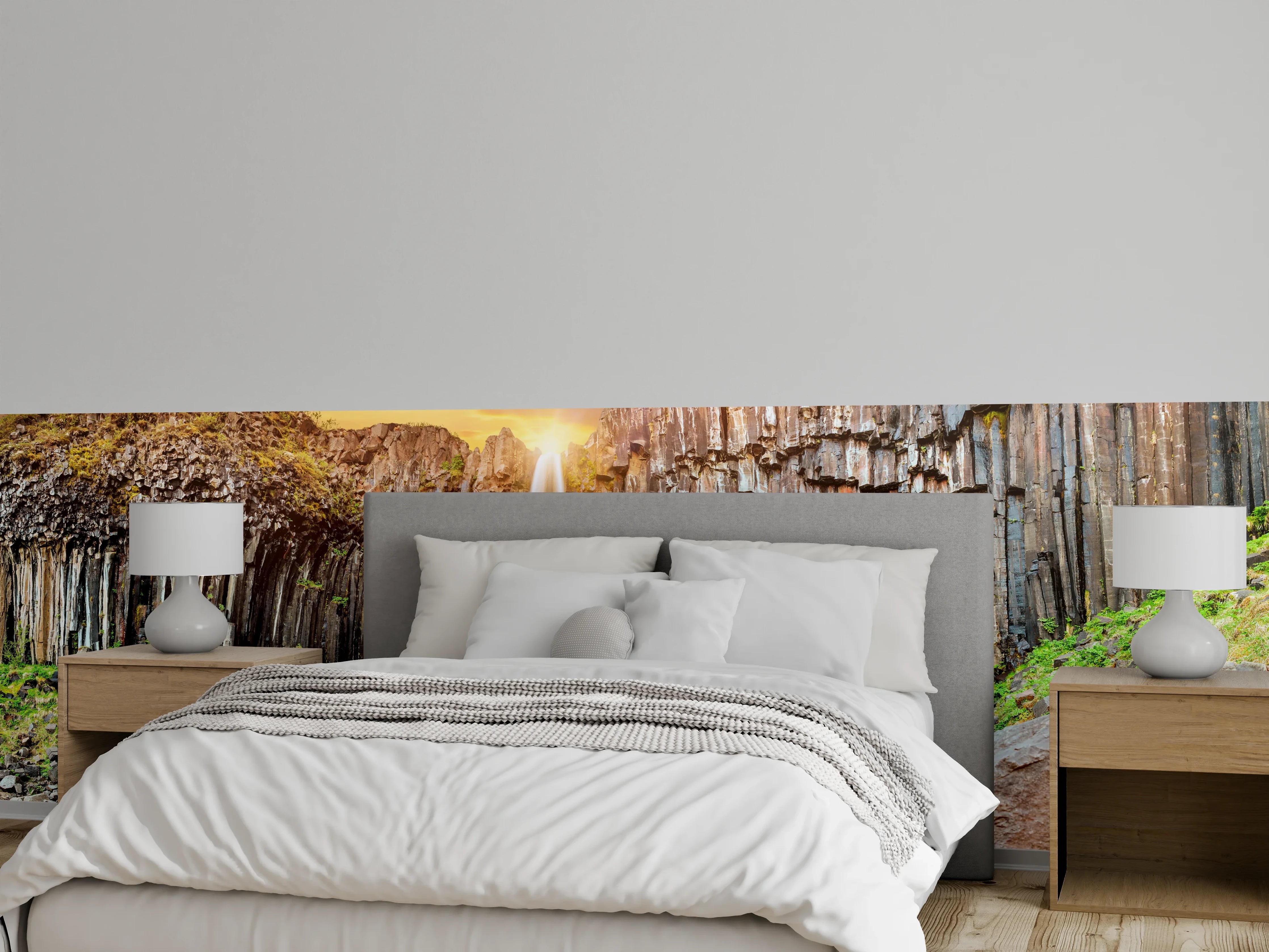 Wandverkleidung Schlafzimmer - Wasserfall vor Basaltsäulen Sonnenuntergang