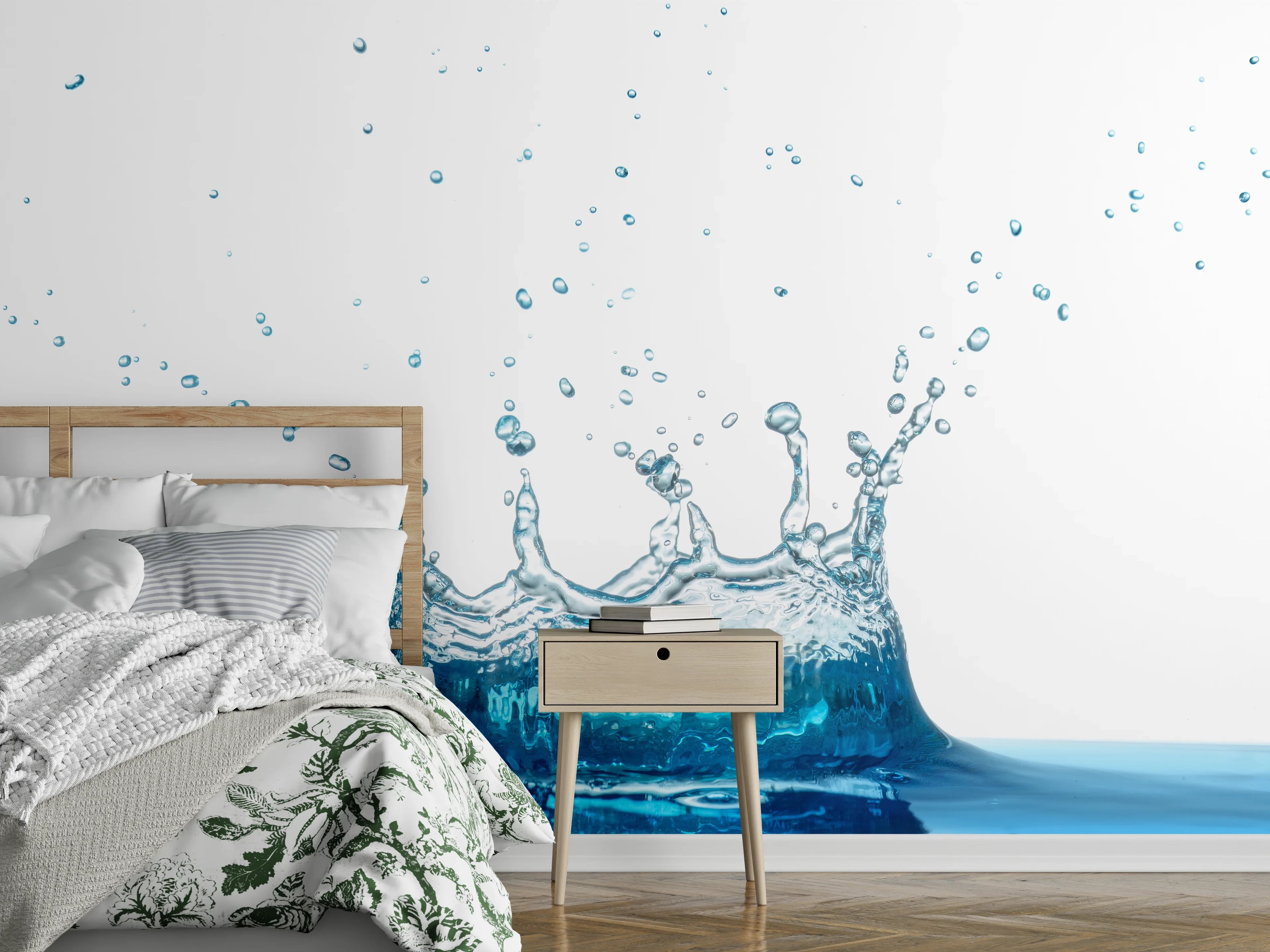 Wandverkleidung Schlafzimmer - Wassersplash in Blau und Weiß