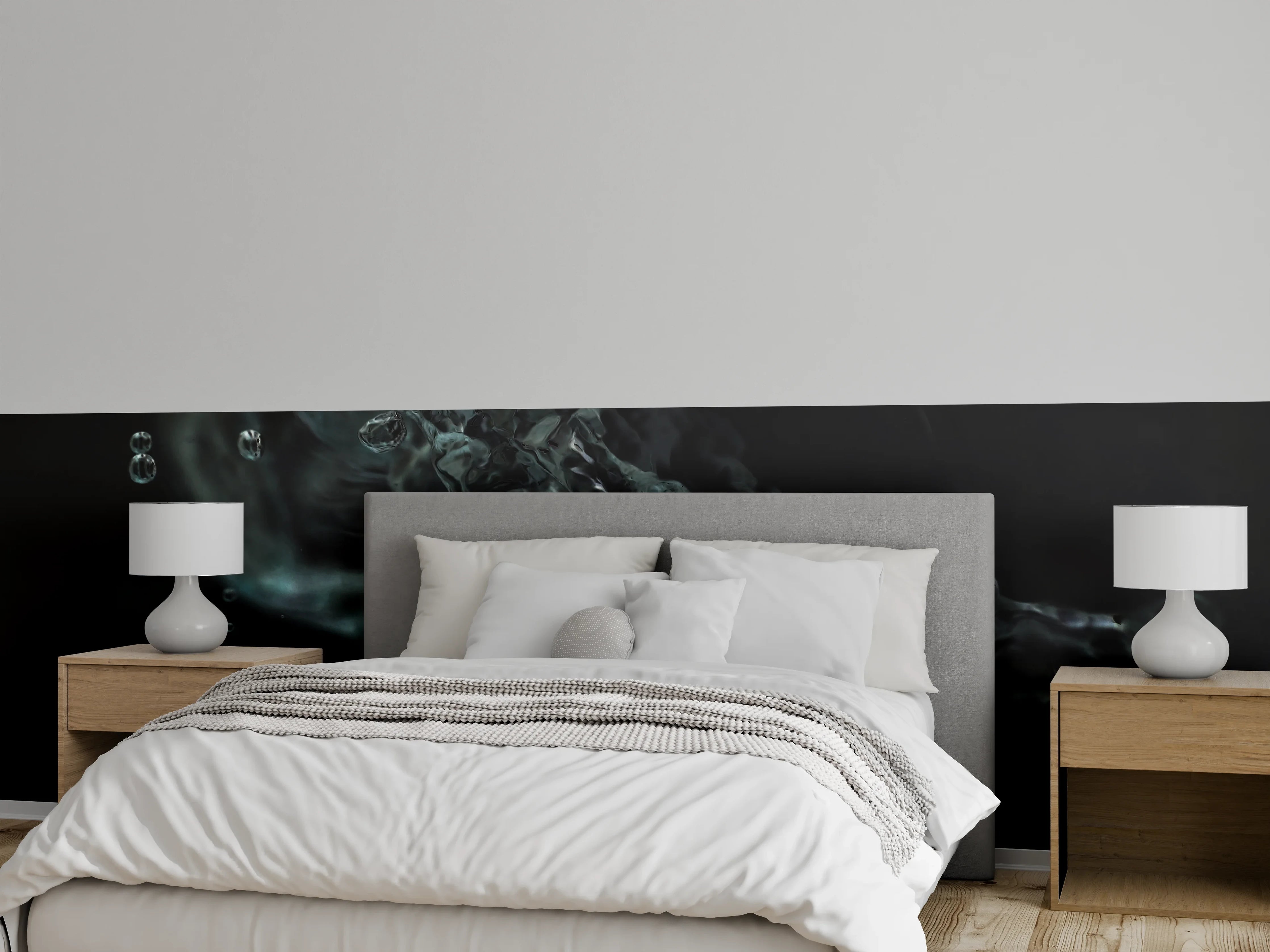 Wandverkleidung Schlafzimmer - Wasserstrudel auf schwarzem Hintergrund