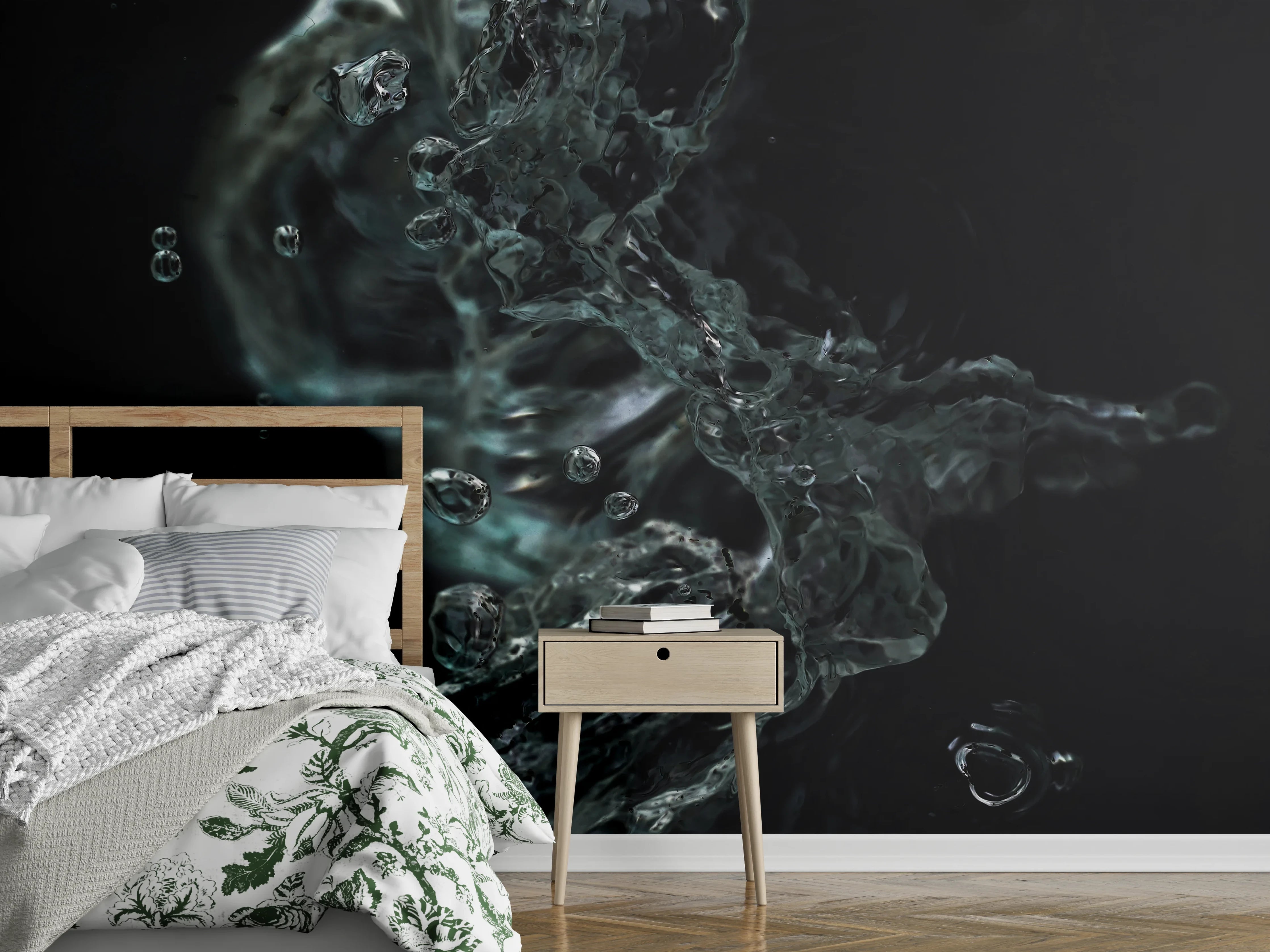 Wandverkleidung Schlafzimmer - Wasserstrudel auf schwarzem Hintergrund