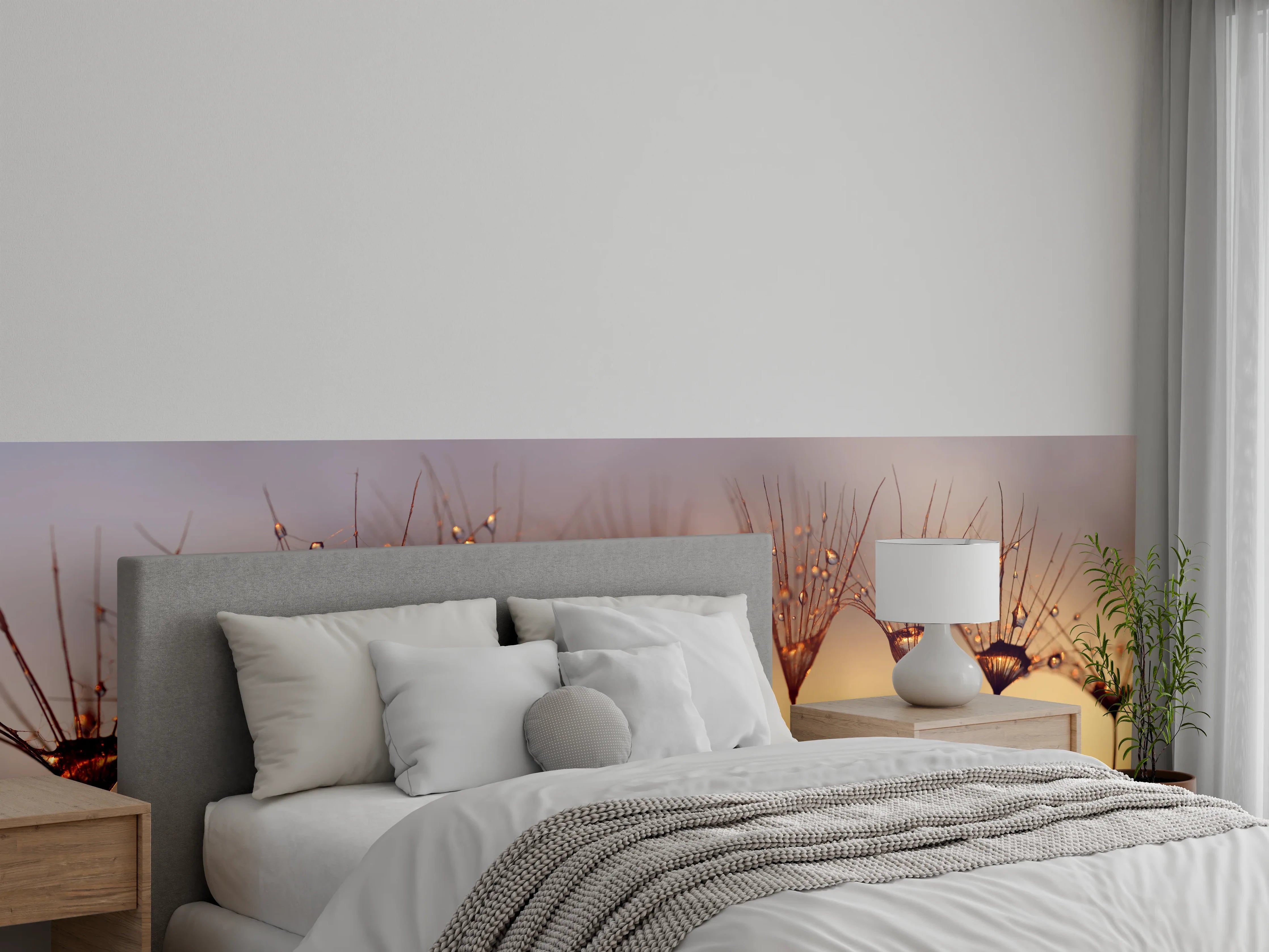 Wandverkleidung Schlafzimmer - Wassertropfen auf Löwenzahnsamen