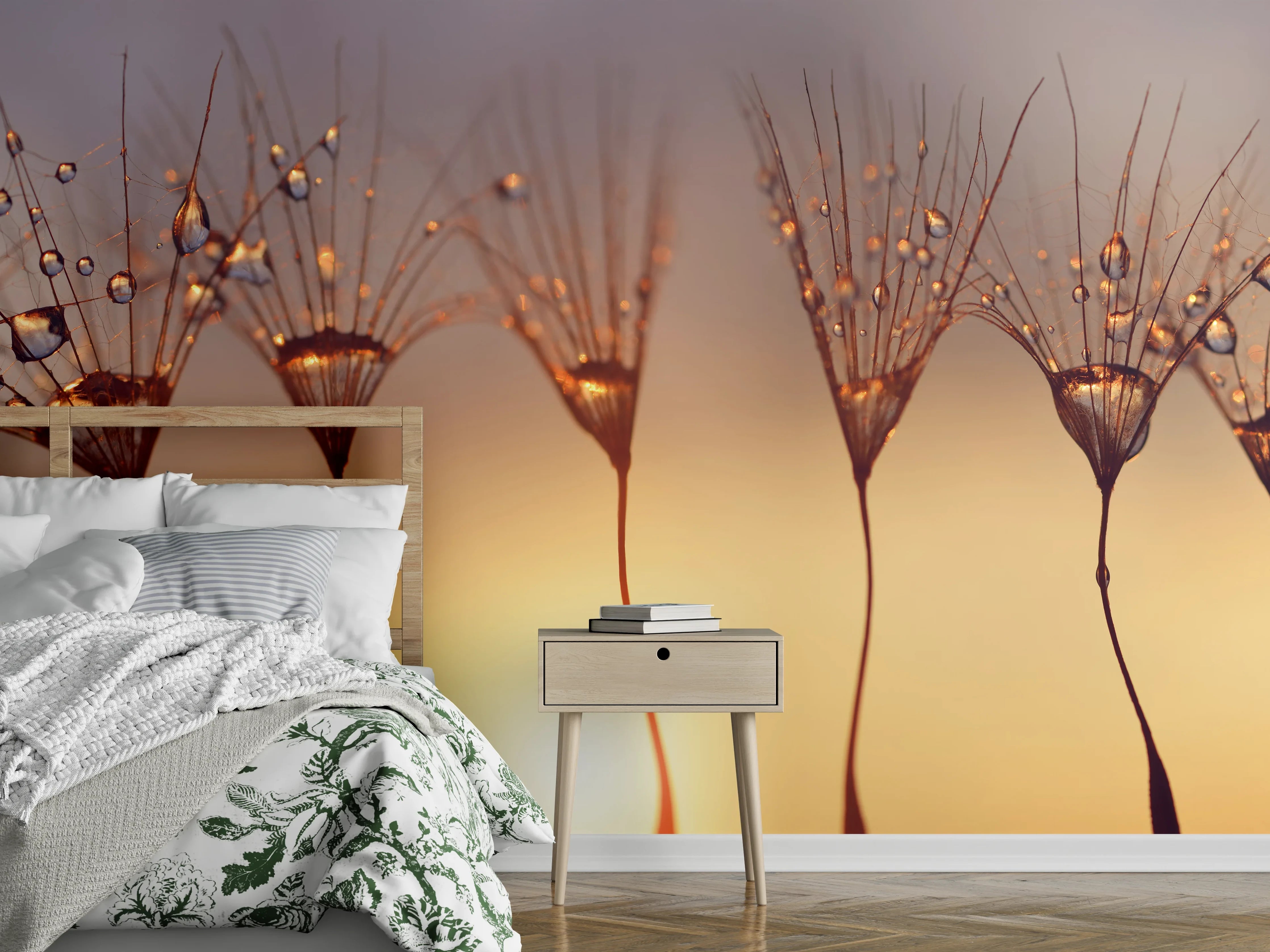 Wandverkleidung Schlafzimmer - Wassertropfen auf Löwenzahnsamen