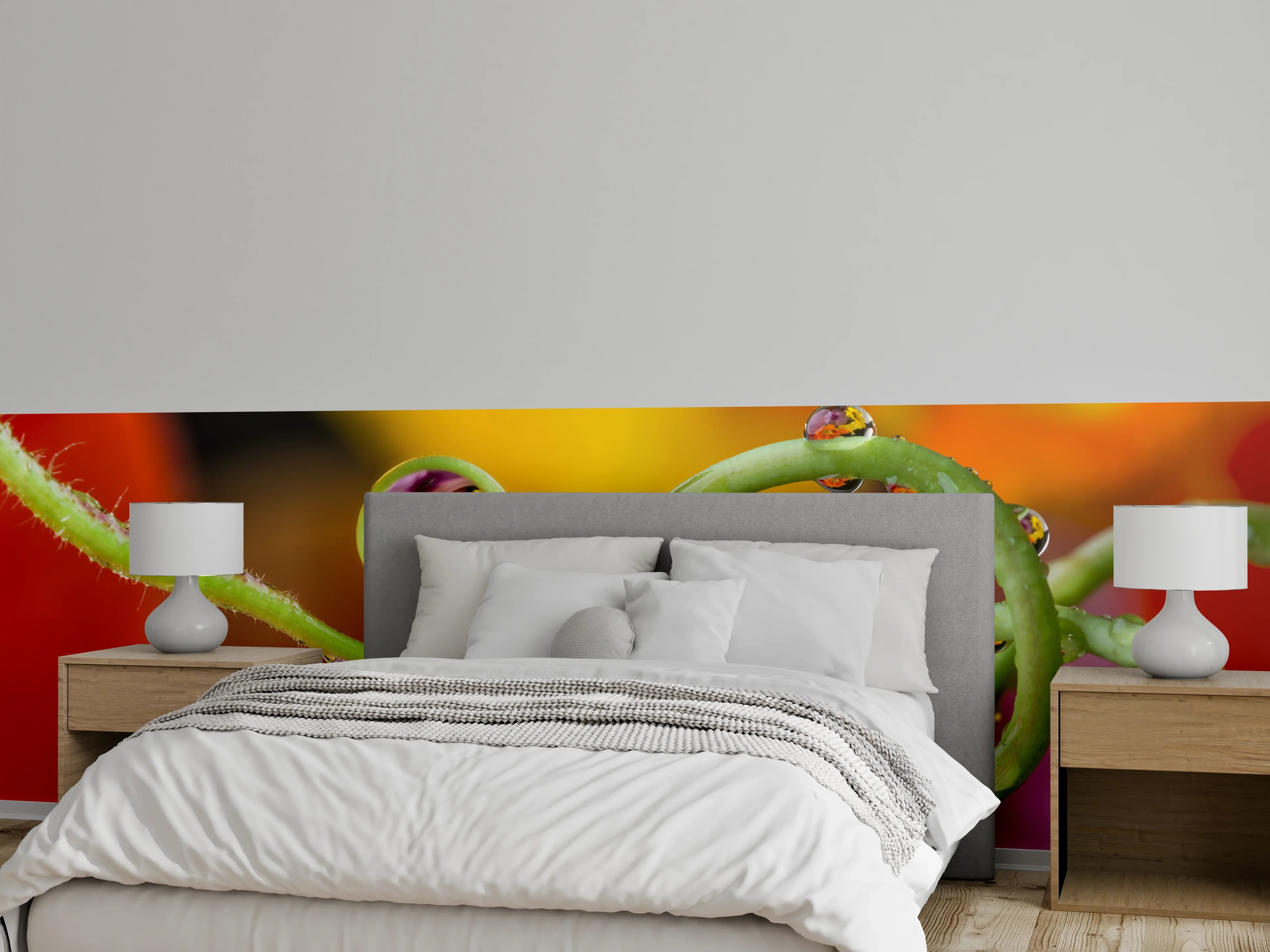 Wandverkleidung Schlafzimmer - Wassertropfen auf Pflanzenranken Makro