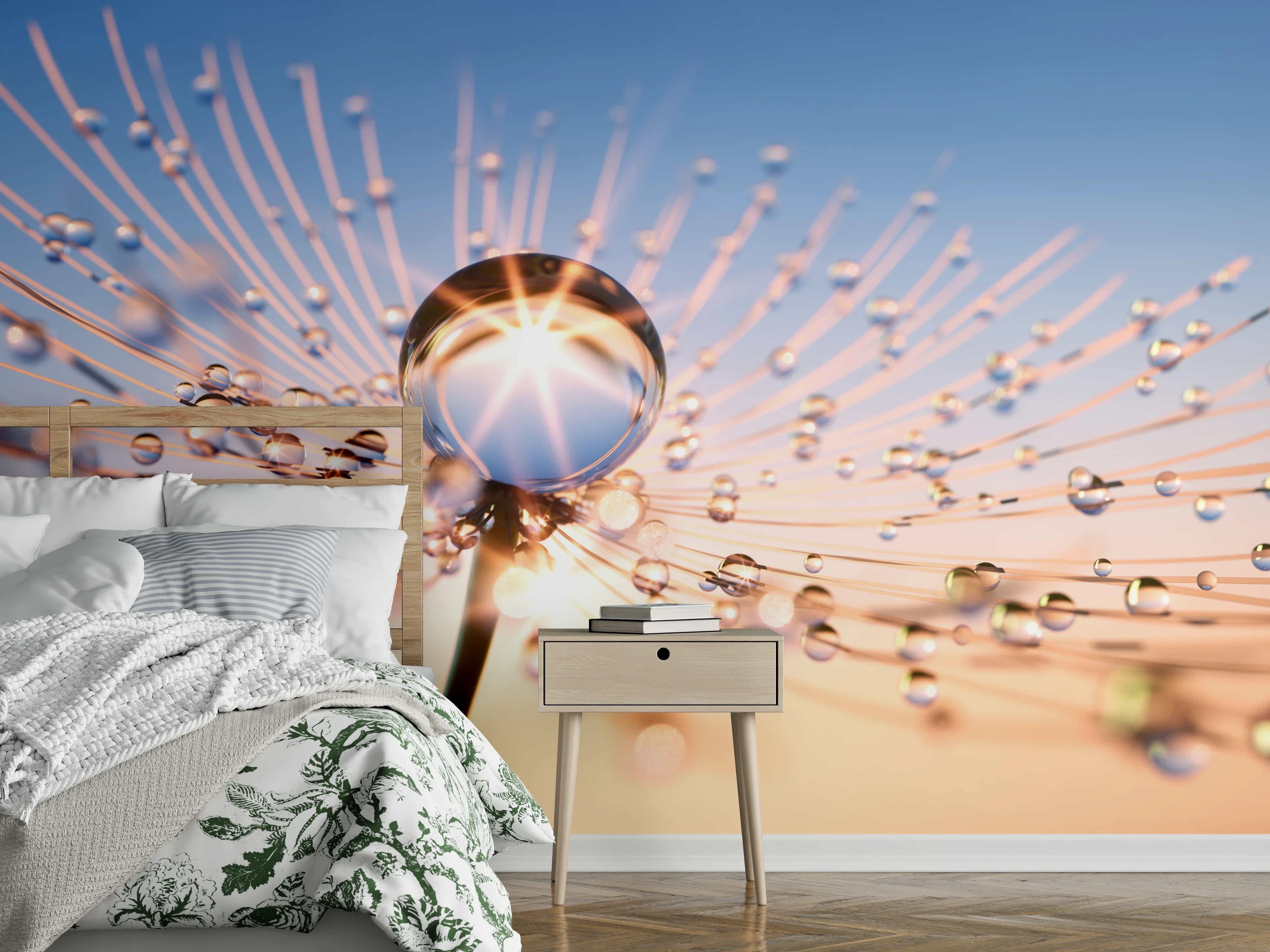 Wandverkleidung Schlafzimmer - Wassertropfen auf Pusteblume bei Sonnenaufgang