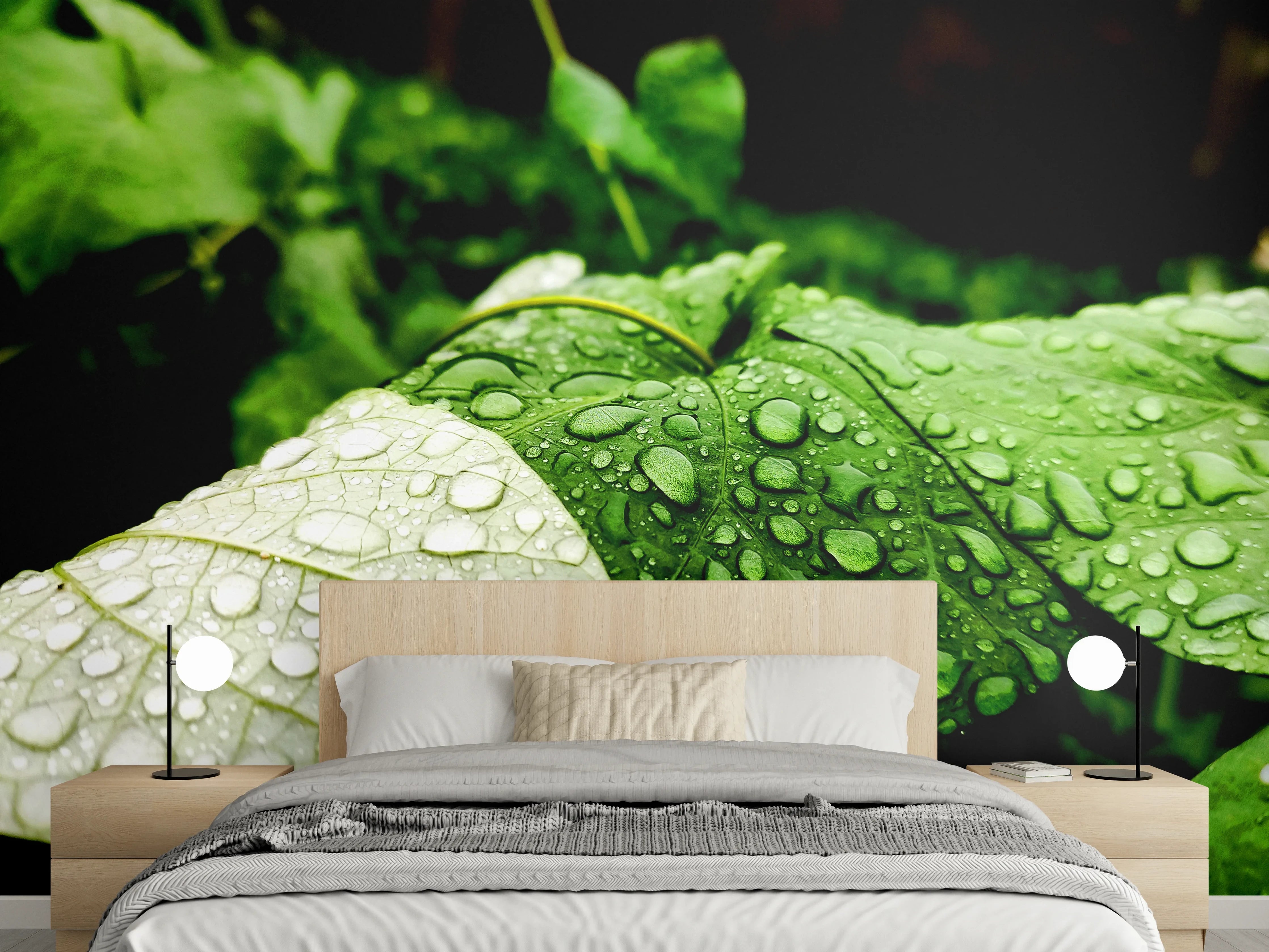 Wandverkleidung Schlafzimmer - Wassertropfen auf einem Blatt