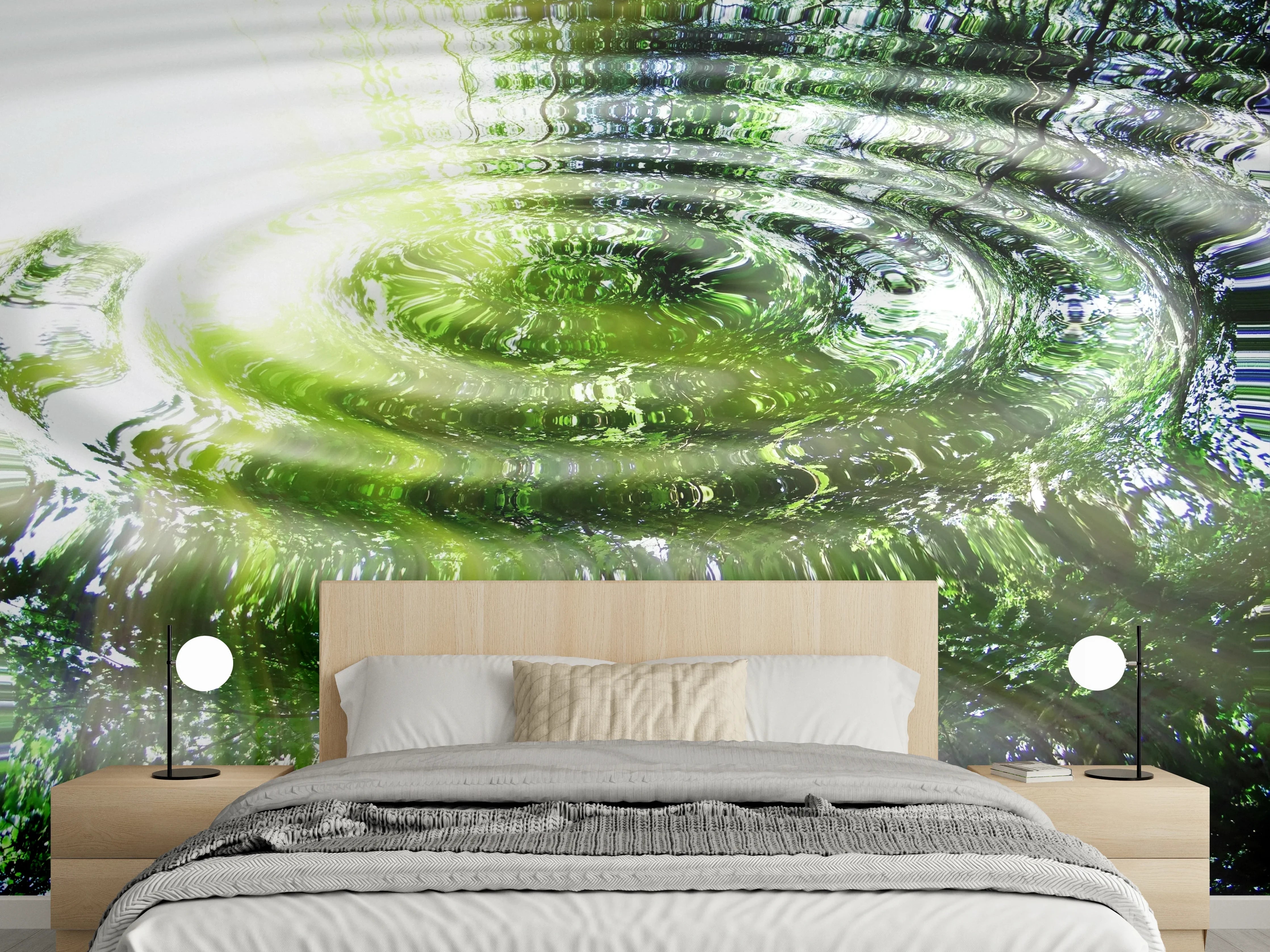 Wandverkleidung Schlafzimmer - Wasserwellen mit Baumspiegelung Effekt