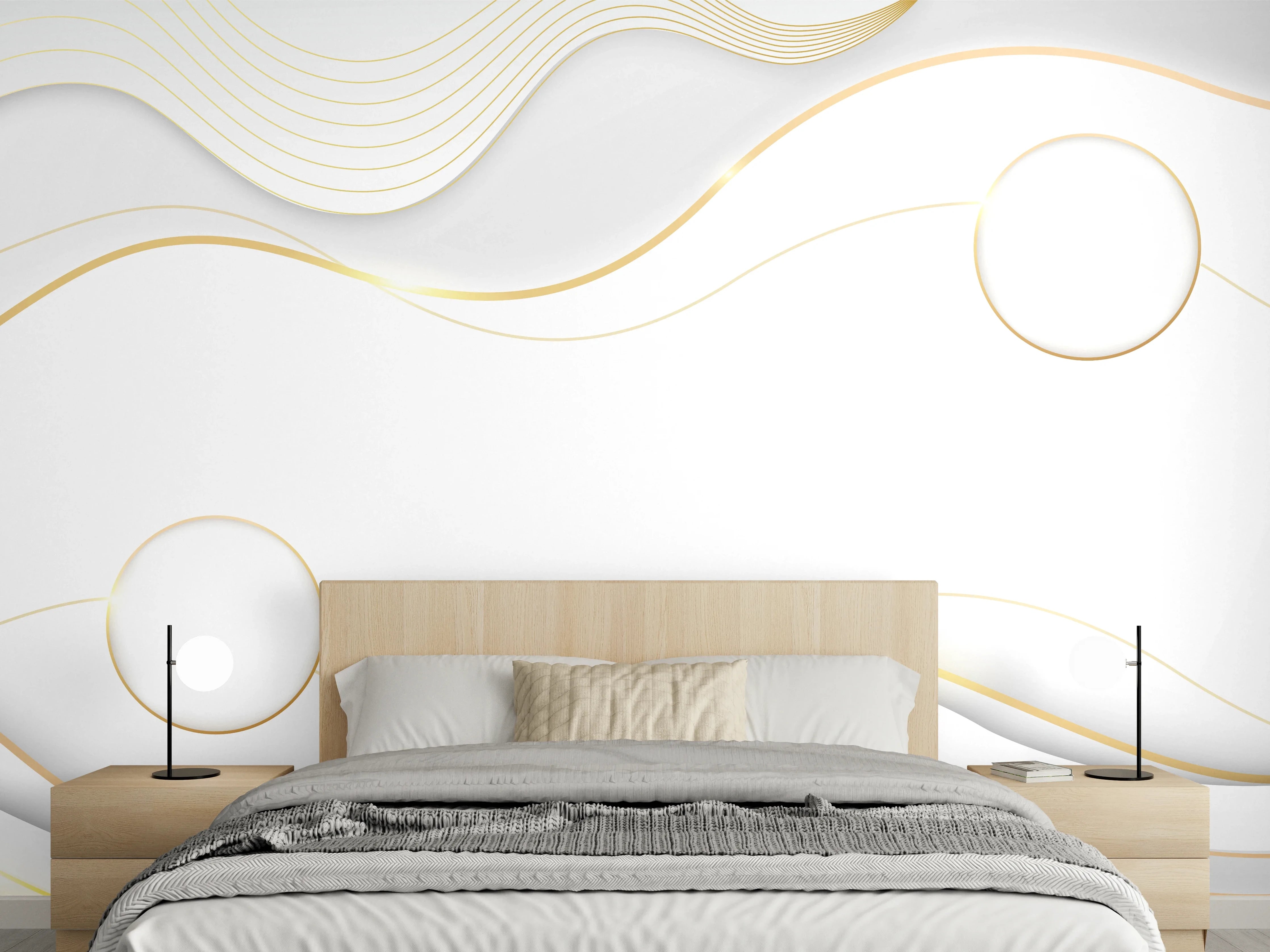 Wandverkleidung Schlafzimmer - Weiß-Goldene Wellen Grafik