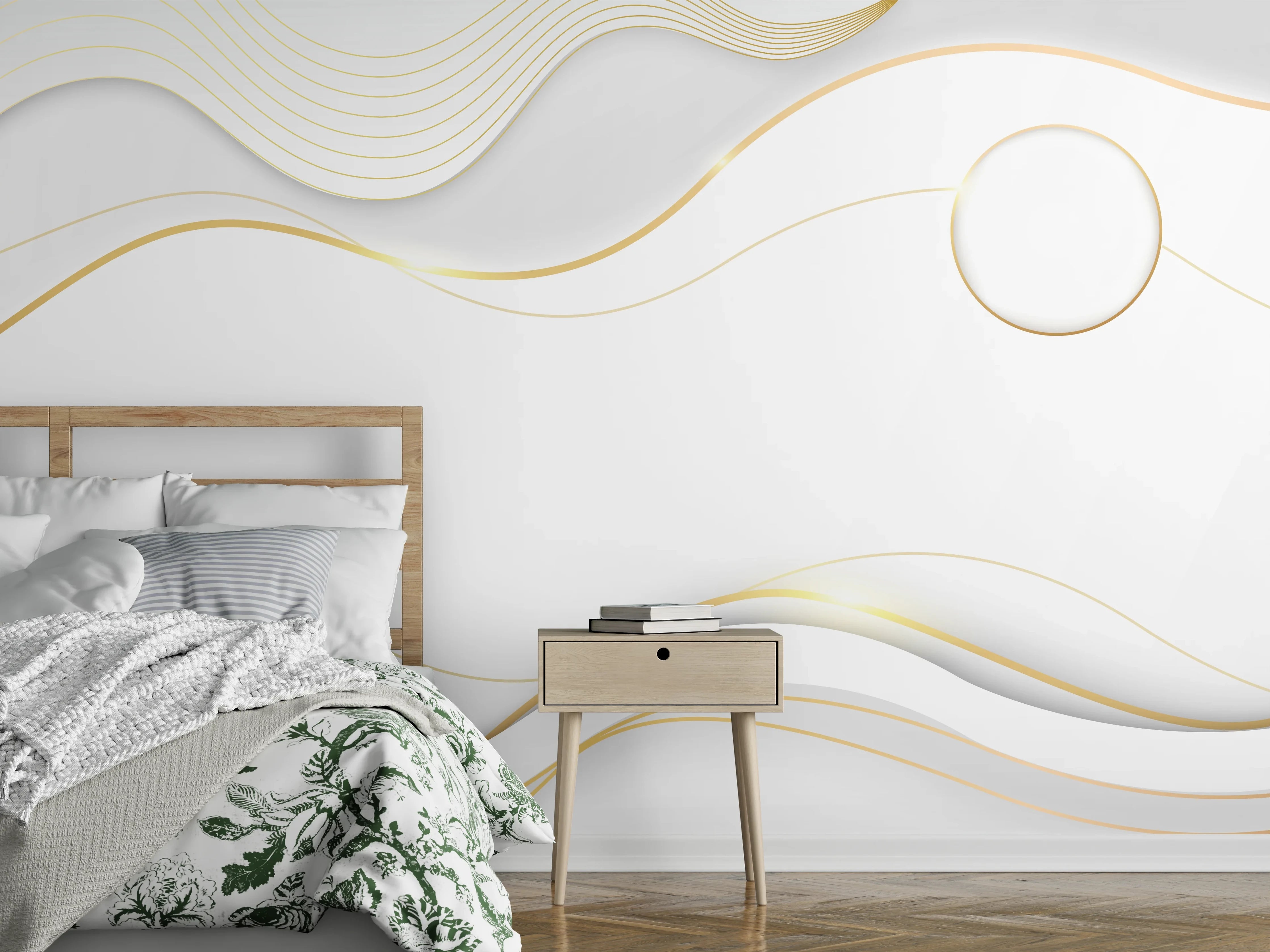 Wandverkleidung Schlafzimmer - Weiß-Goldene Wellen Grafik
