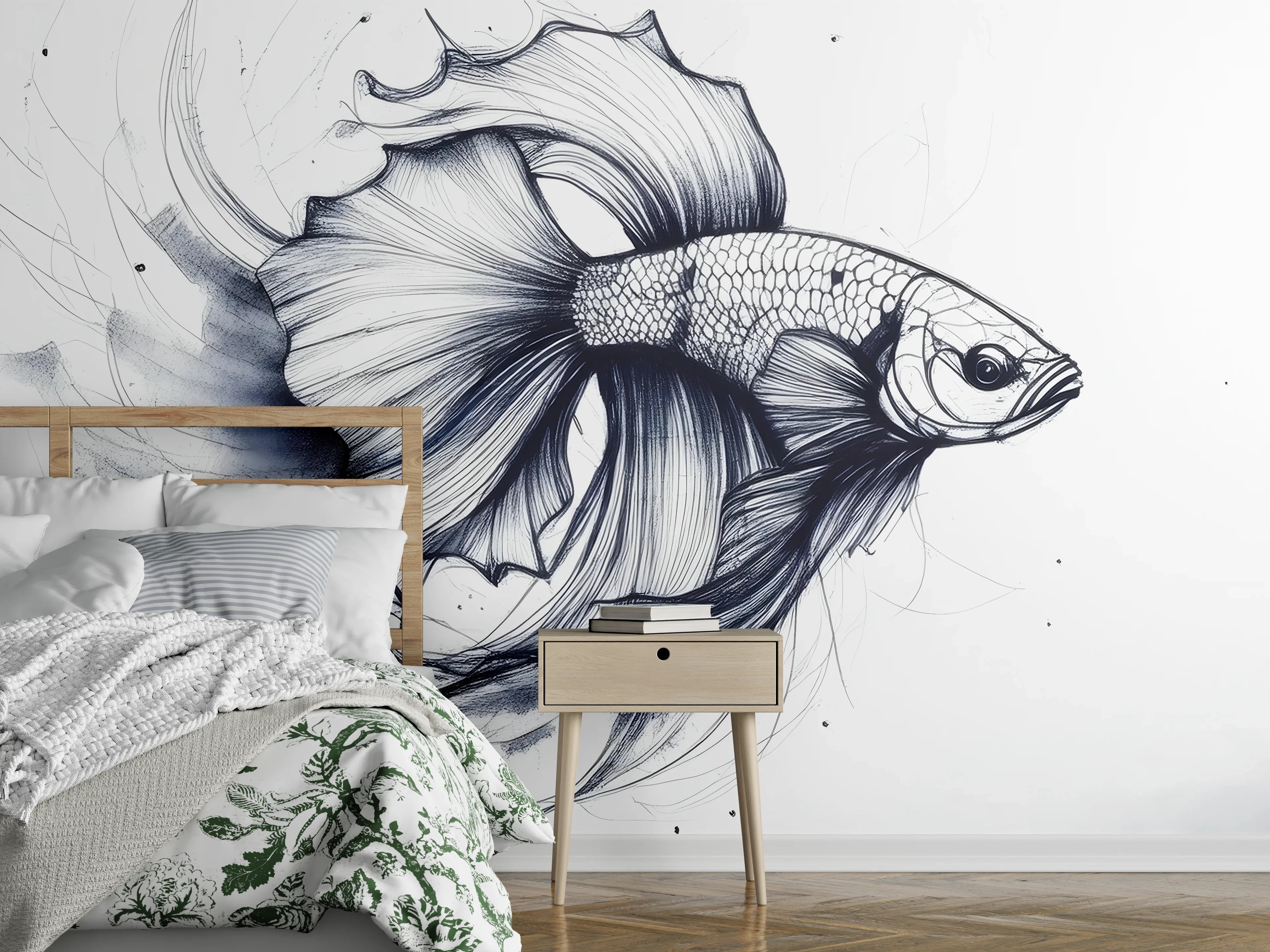 Wandverkleidung Schlafzimmer - Weiß-Grau Betta-Fisch Illustration
