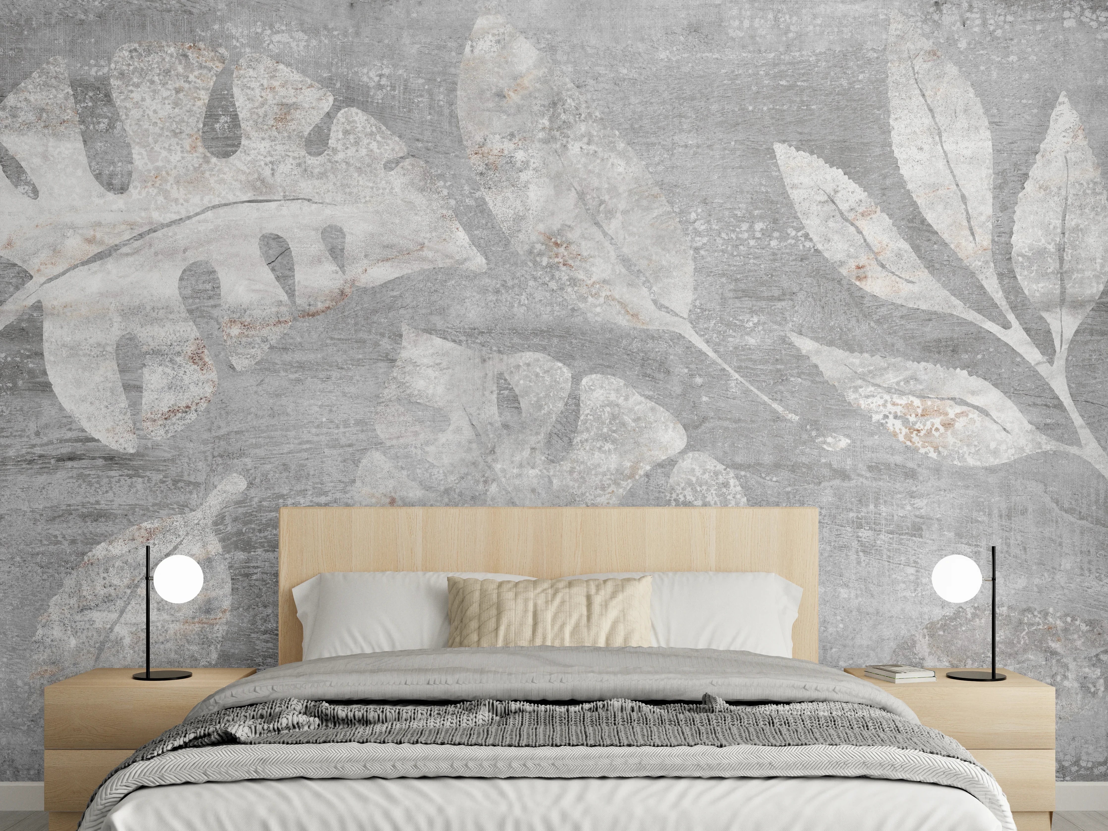 Wandverkleidung Schlafzimmer - Weiß-Grau Blattmuster Struktur