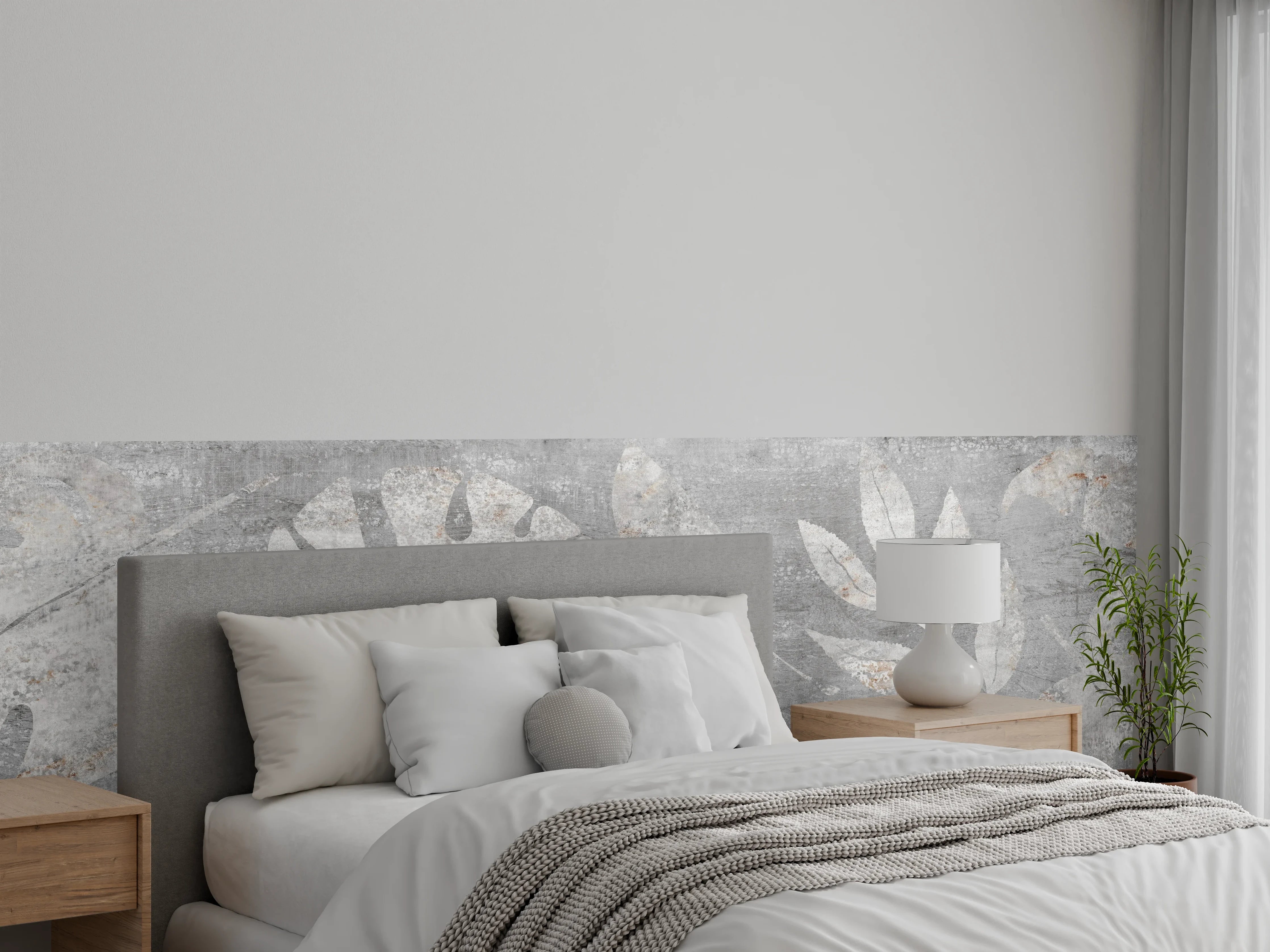 Wandverkleidung Schlafzimmer - Weiß-Grau Blattmuster Struktur