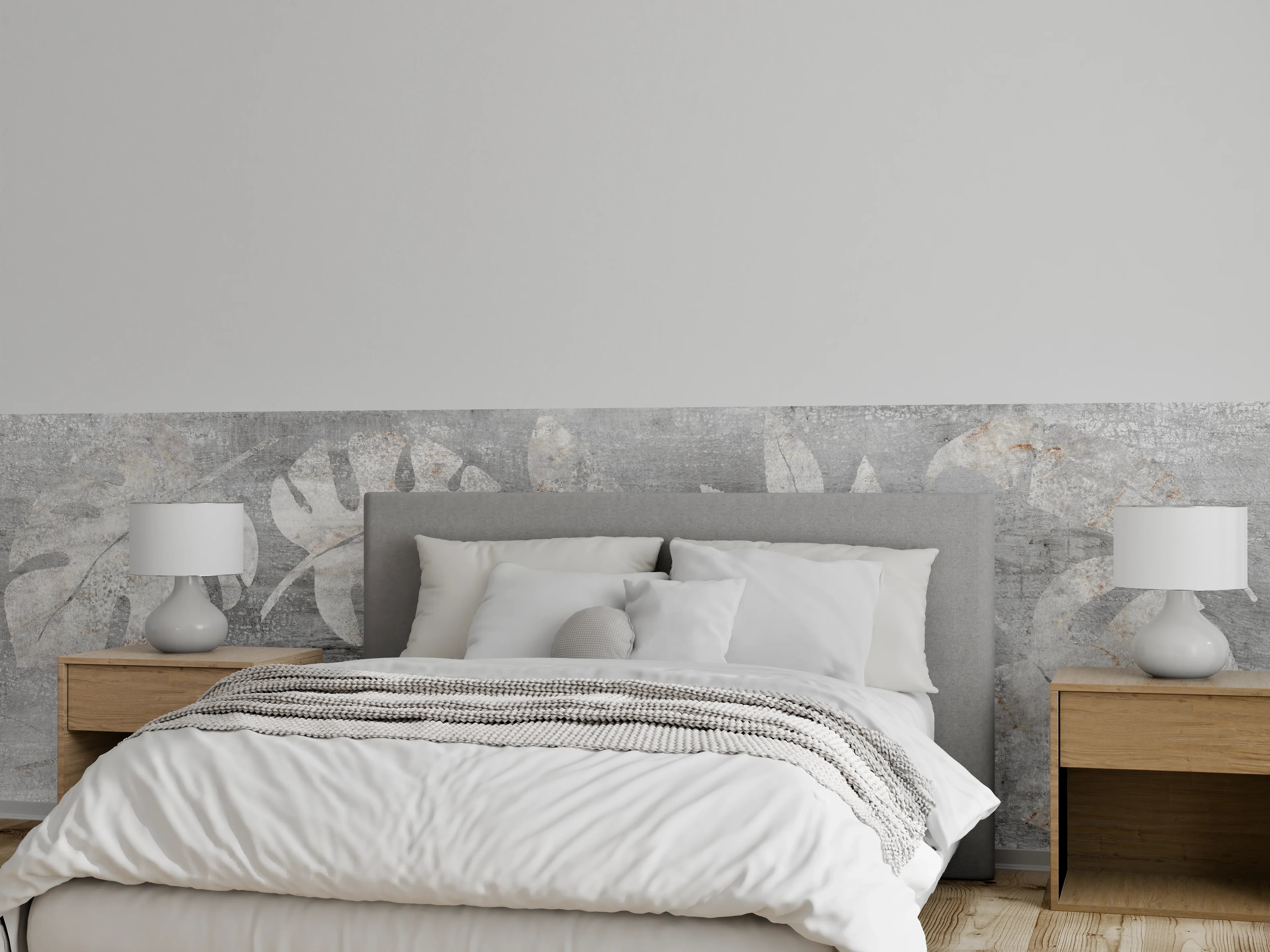 Wandverkleidung Schlafzimmer - Weiß-Grau Blattmuster Struktur
