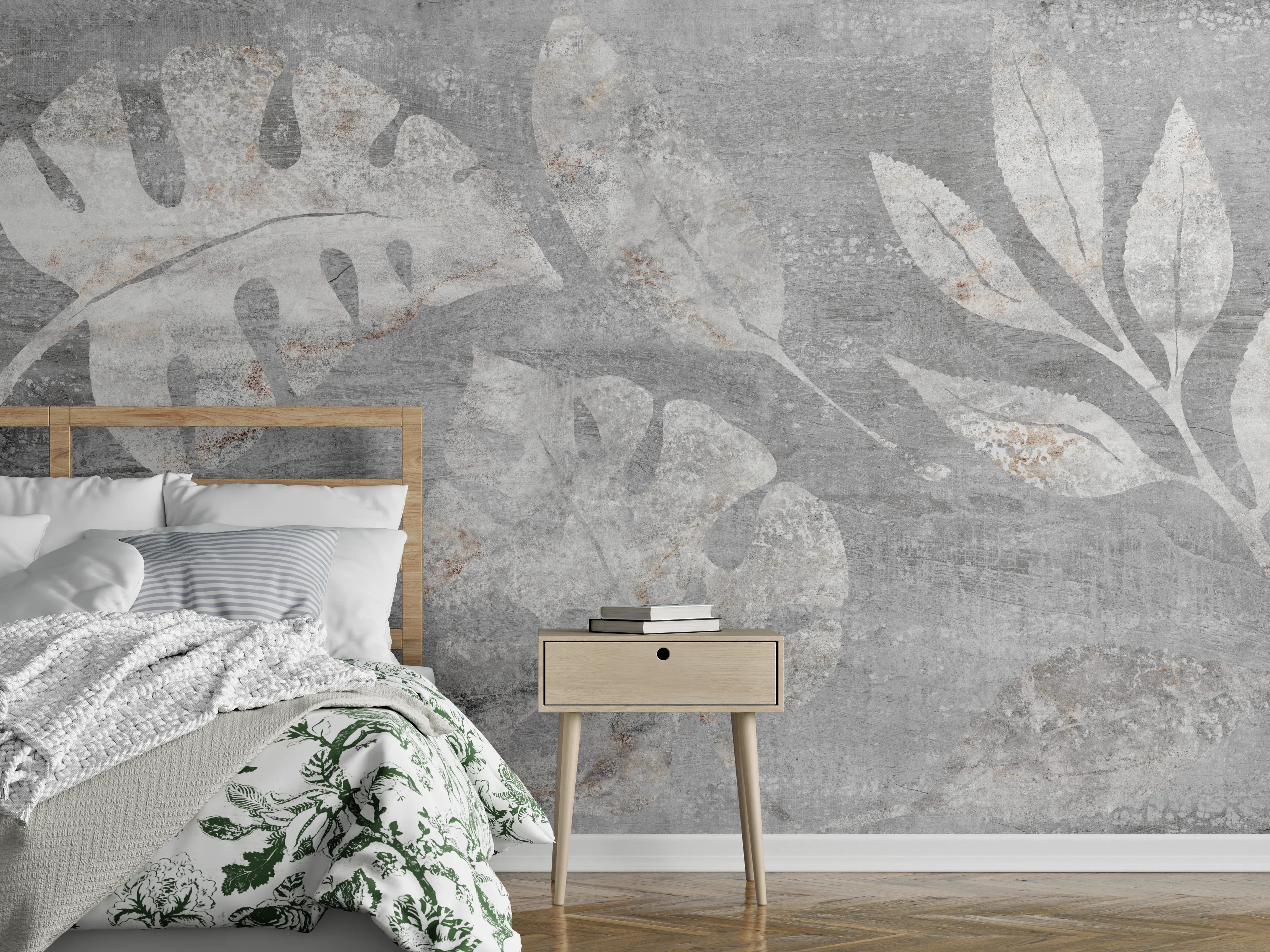 Wandverkleidung Schlafzimmer - Weiß-Grau Blattmuster Struktur