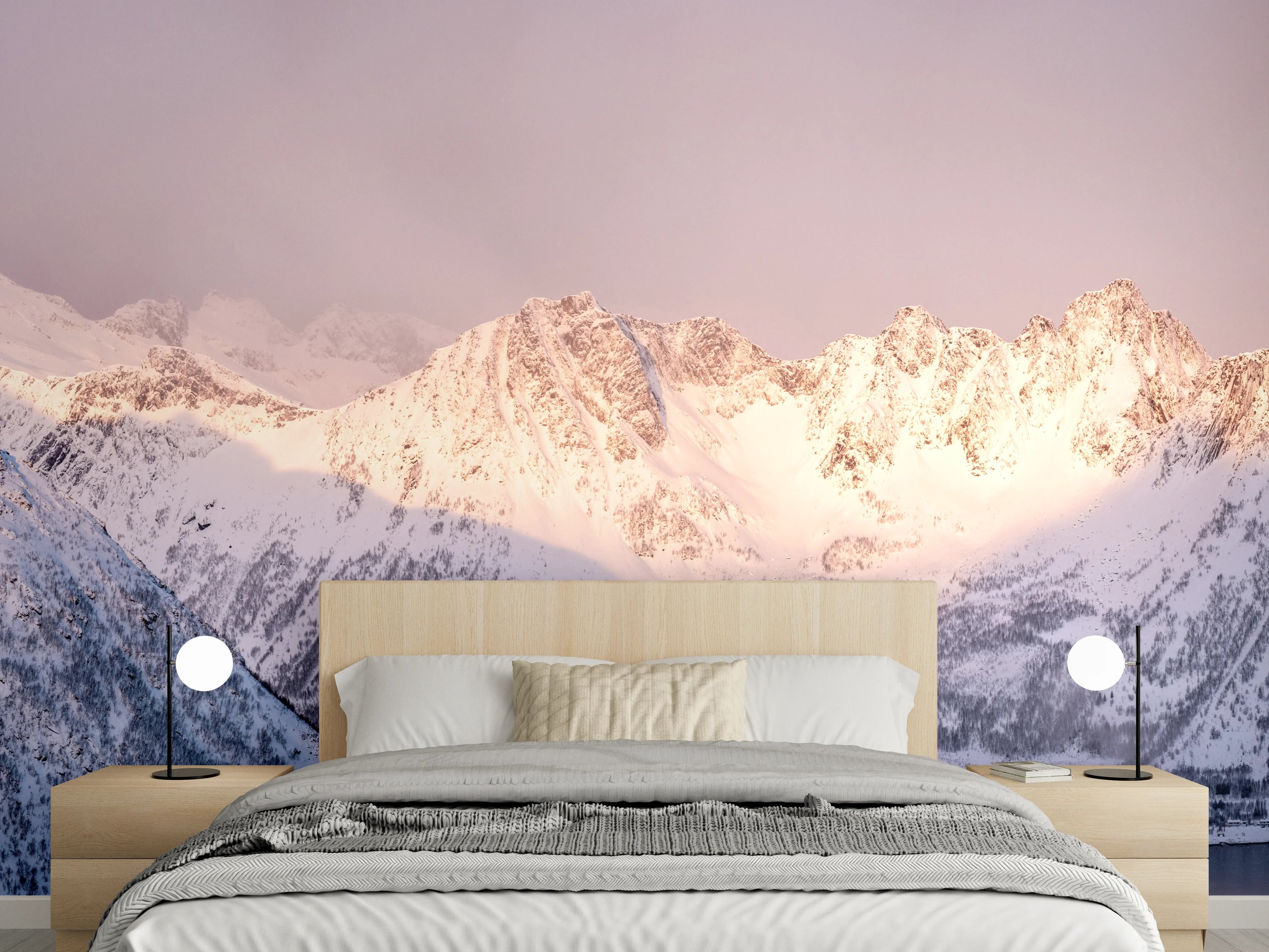 Wandverkleidung Schlafzimmer - Weiß-Grau-Blau Bergpanorama Norwegen