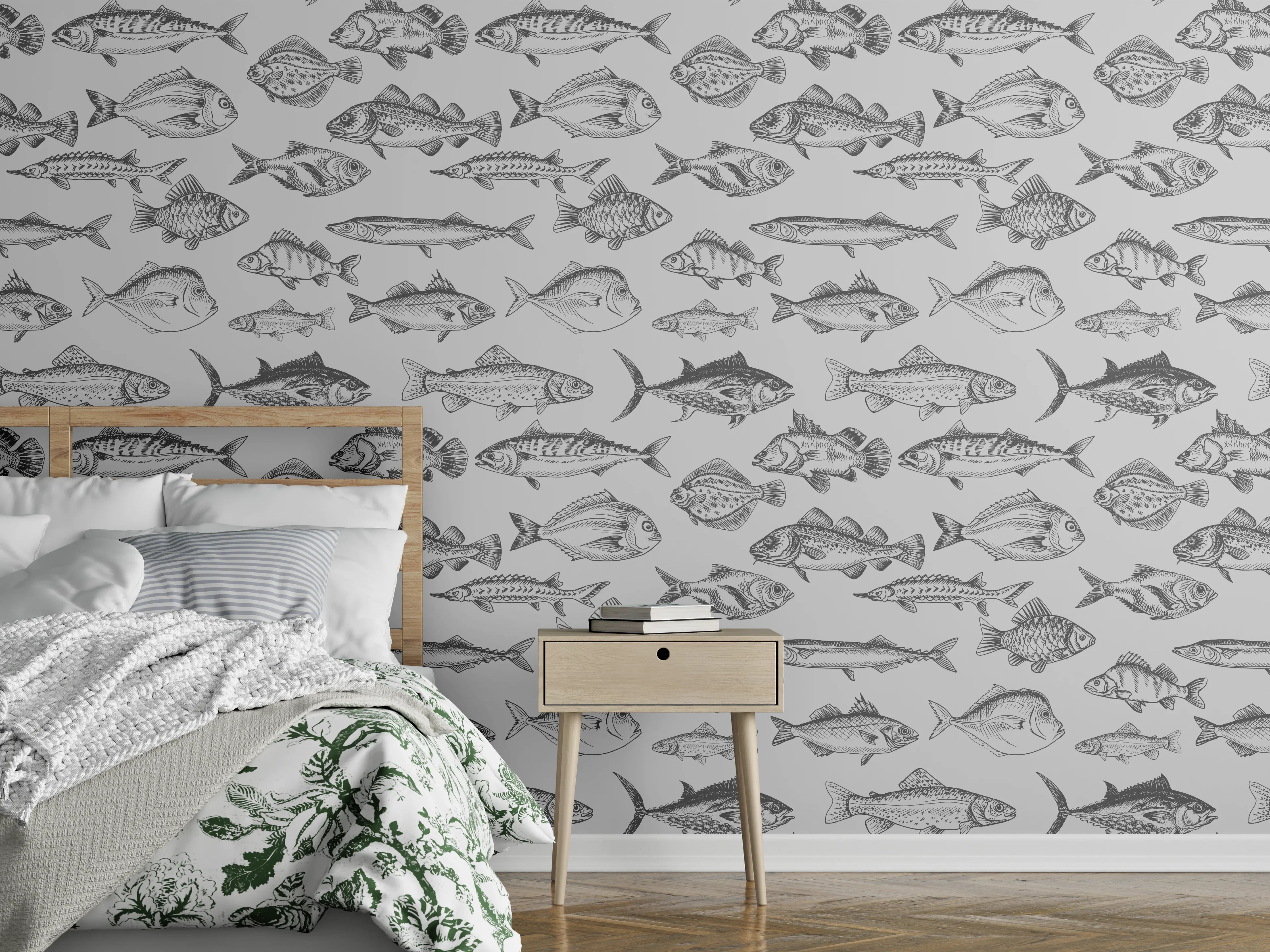 Wandverkleidung Schlafzimmer - Weiß-Grau Fischmuster