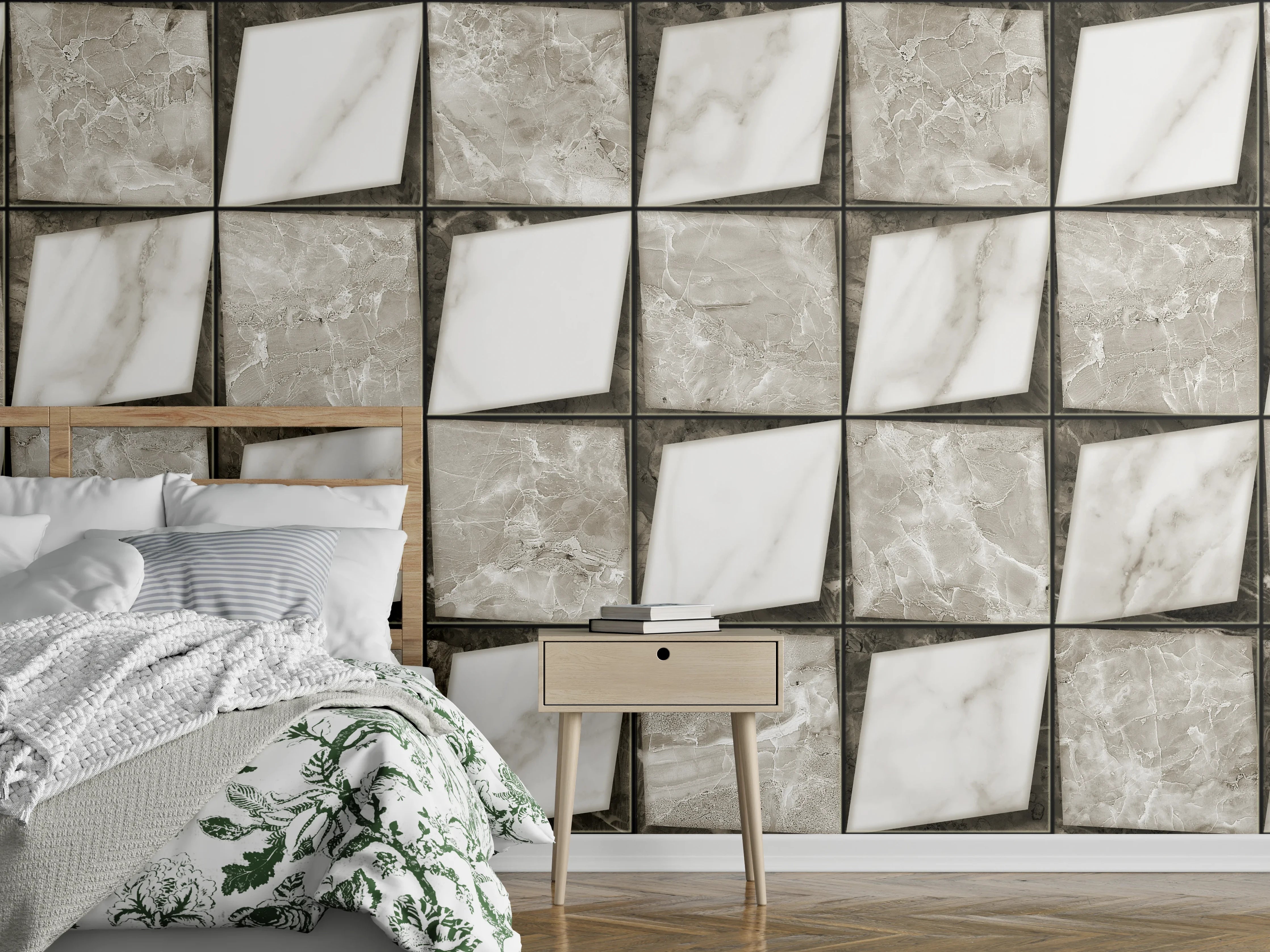 Wandverkleidung Schlafzimmer - Weiß-Grau Keramik Mosaikfliesen