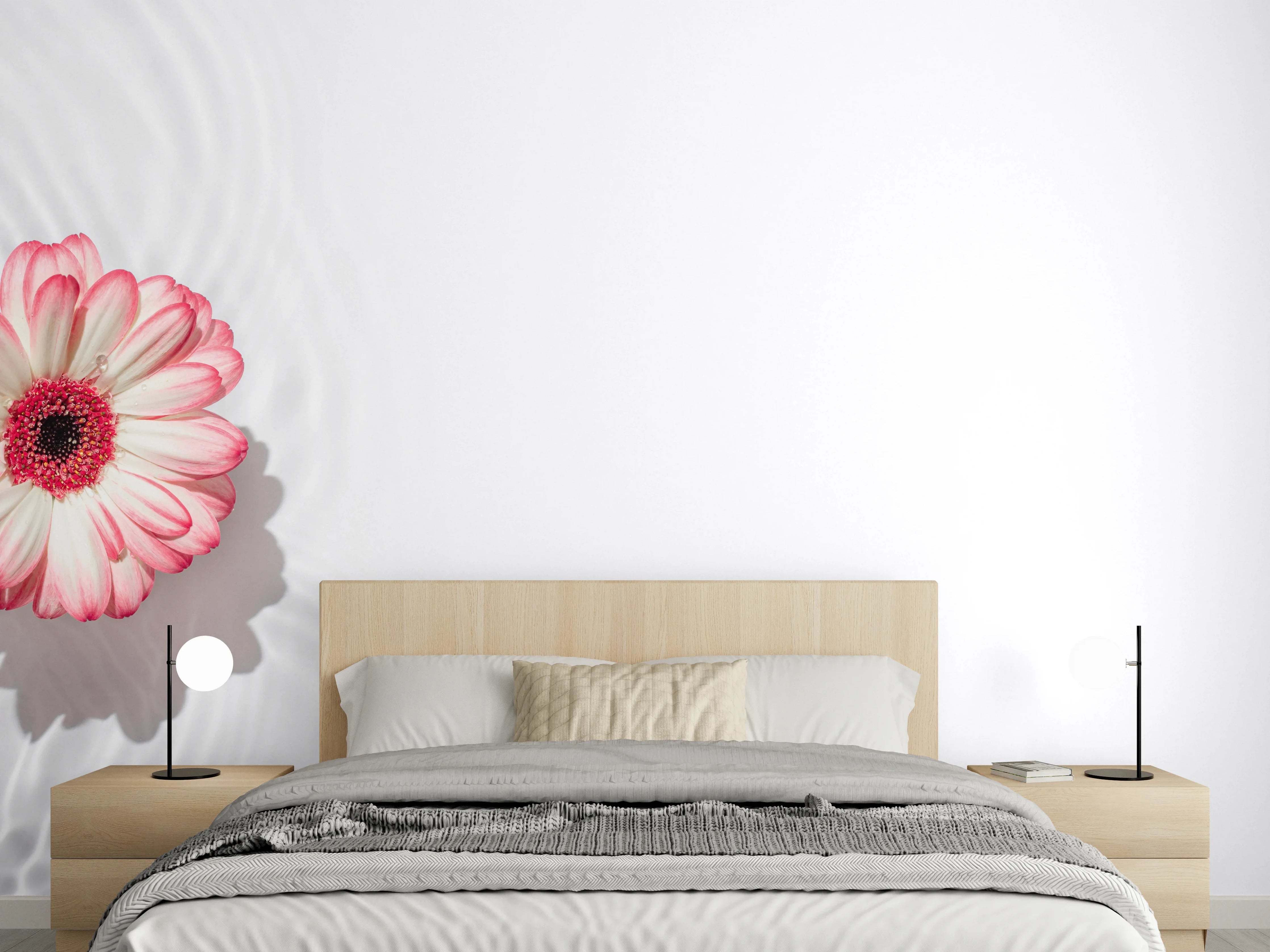 Wandverkleidung Schlafzimmer - Weiß-Grau mit Rosa Gerbera