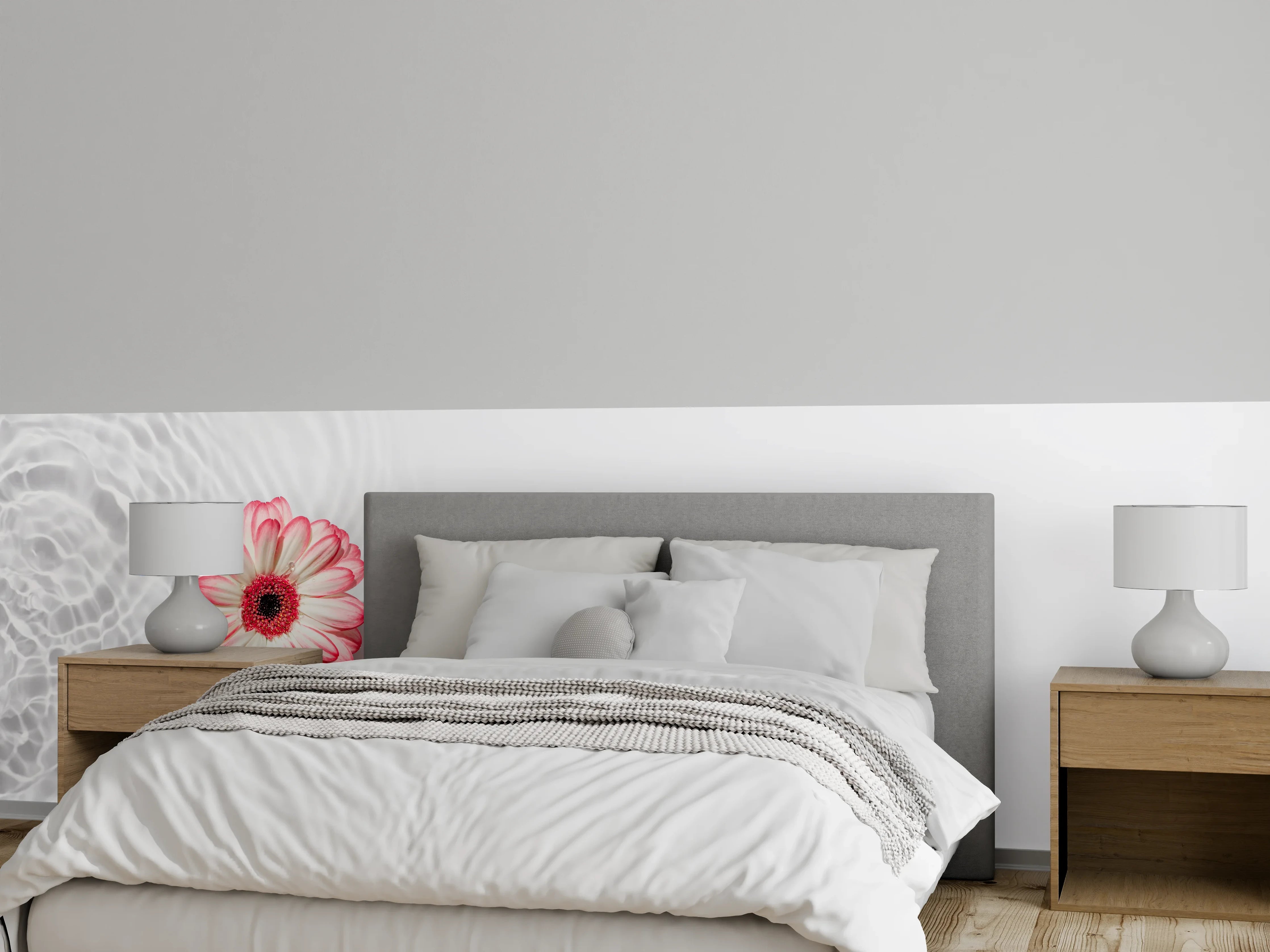 Wandverkleidung Schlafzimmer - Weiß-Grau mit Rosa Gerbera