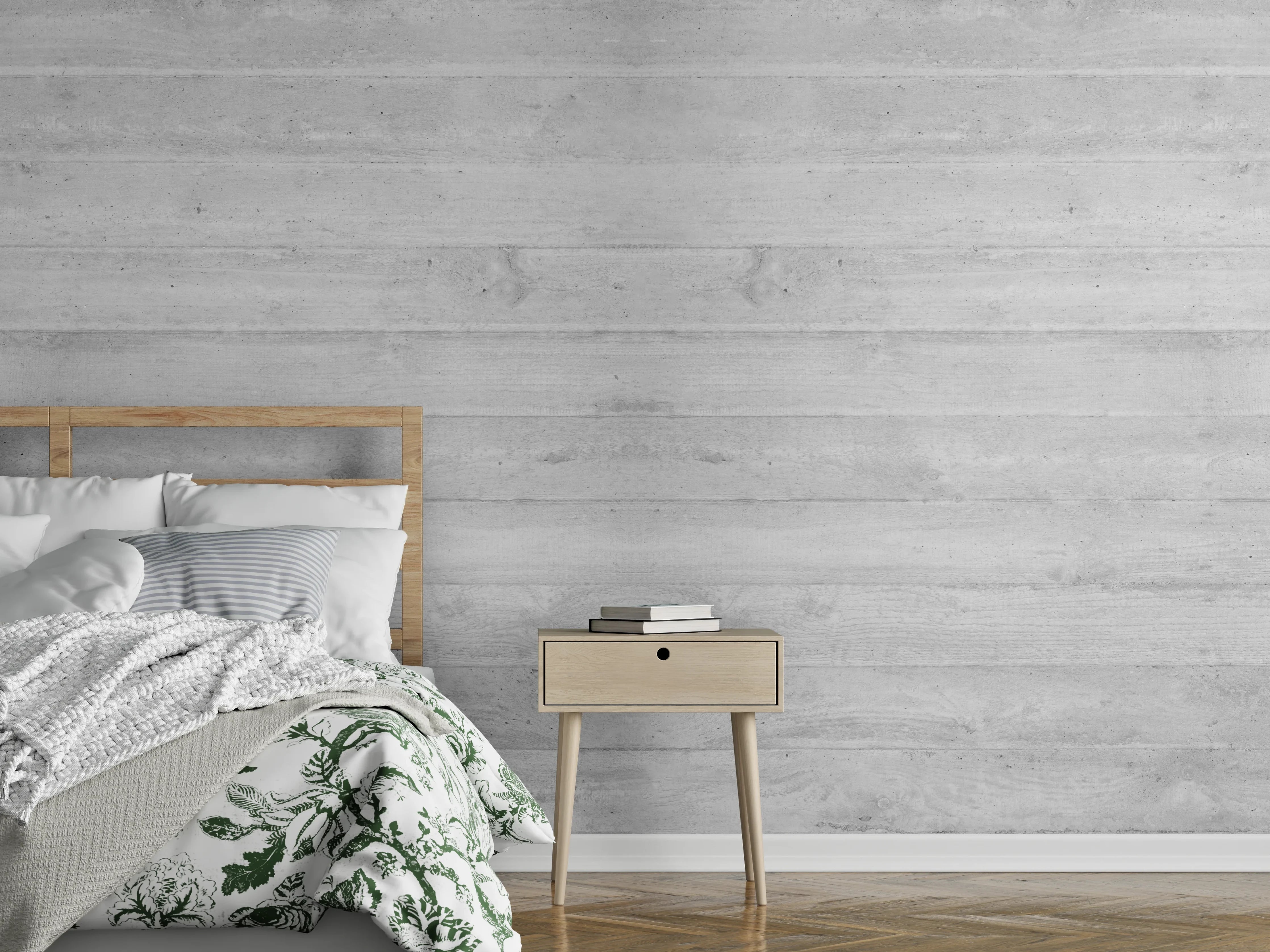 Wandverkleidung Schlafzimmer - Weiß-Graue Betontextur Panorama