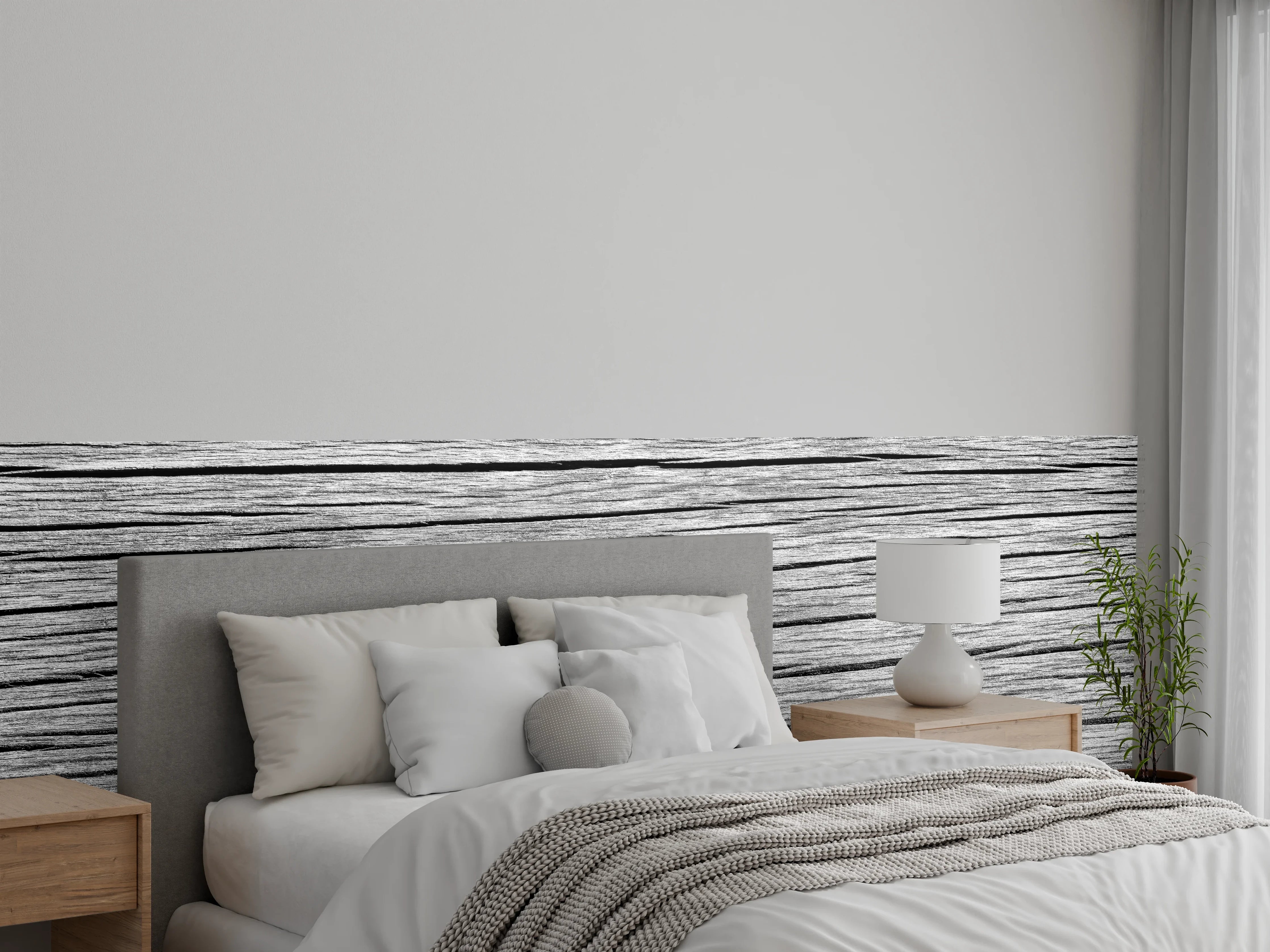 Wandverkleidung Schlafzimmer - Weiß-Graue Holztextur Panorama