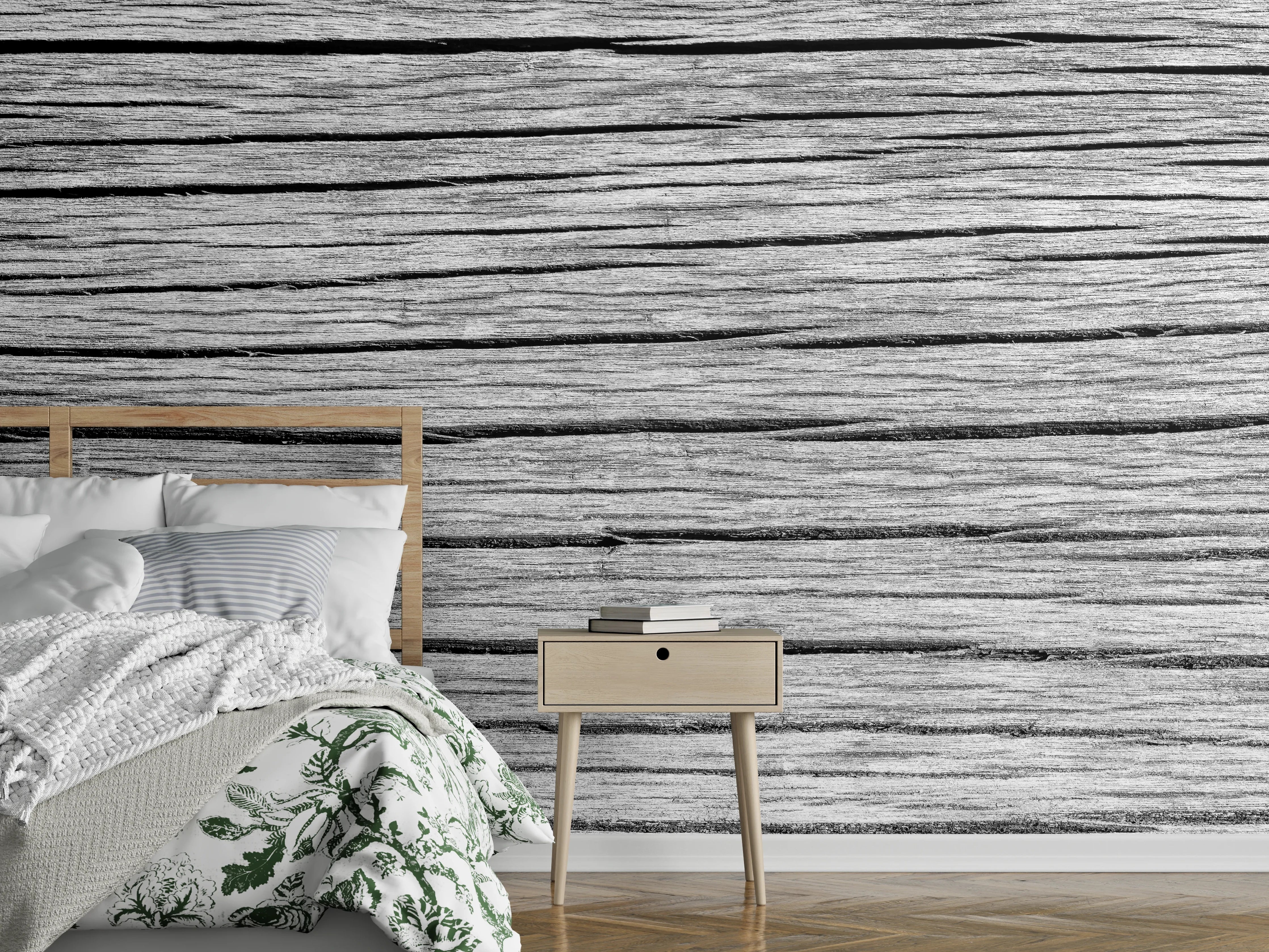 Wandverkleidung Schlafzimmer - Weiß-Graue Holztextur Panorama