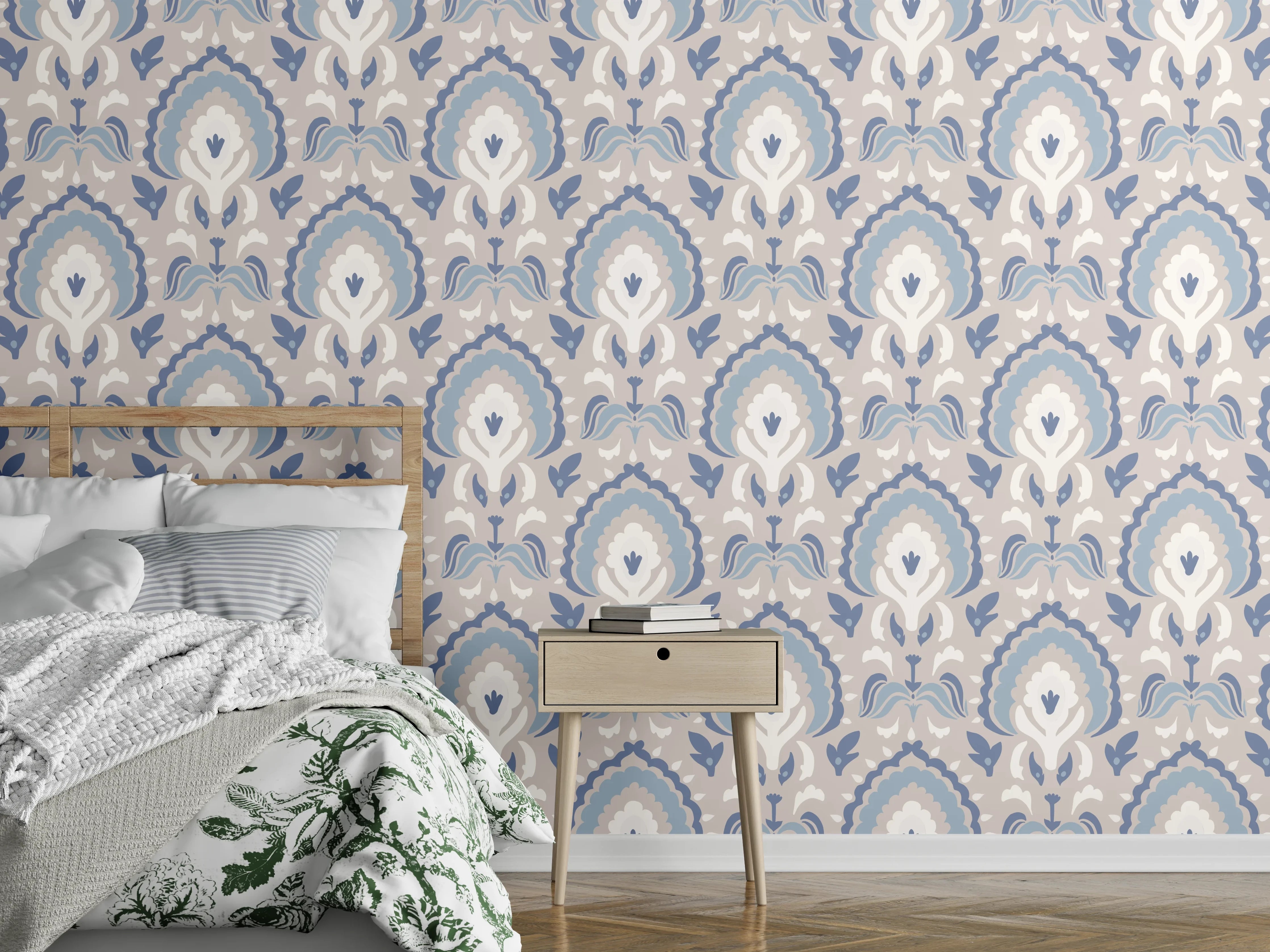 Wandverkleidung Schlafzimmer - Weiß-Graues Damastmuster Seamless