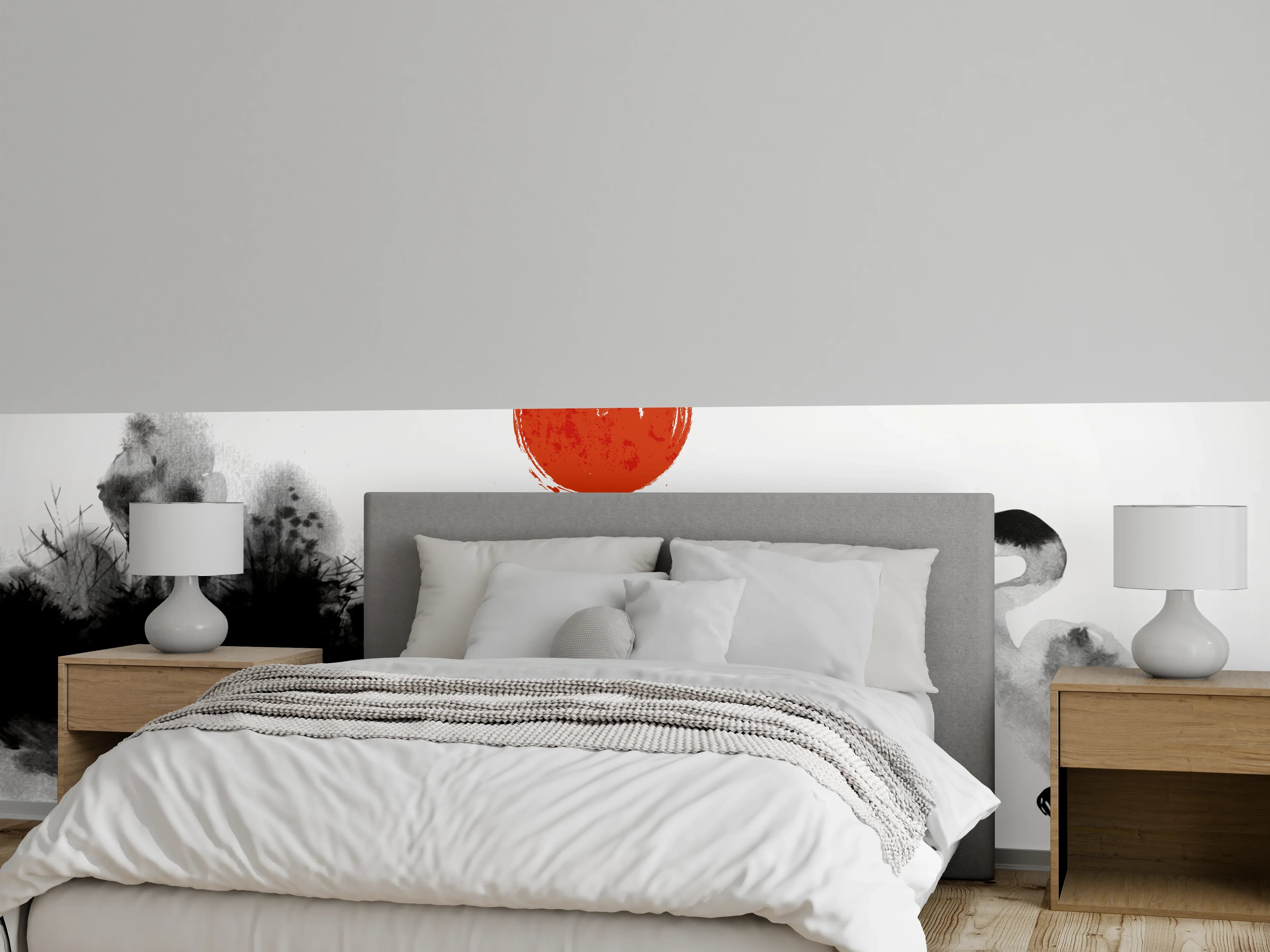 Wandverkleidung Schlafzimmer - Weiß-Schwarze Kranich Malerei