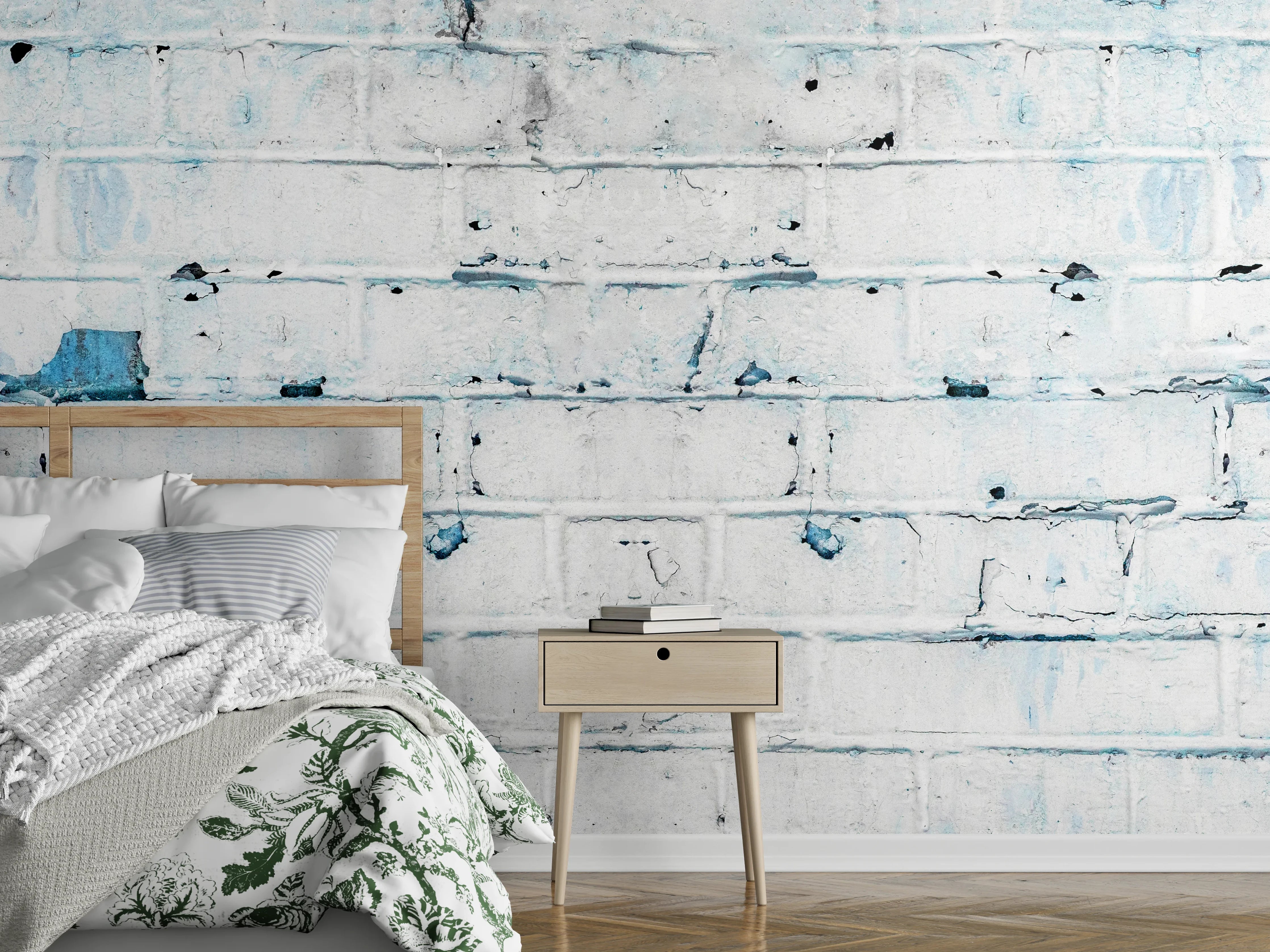 Wandverkleidung Schlafzimmer - Weiß blau beschädigte Backsteinmauer