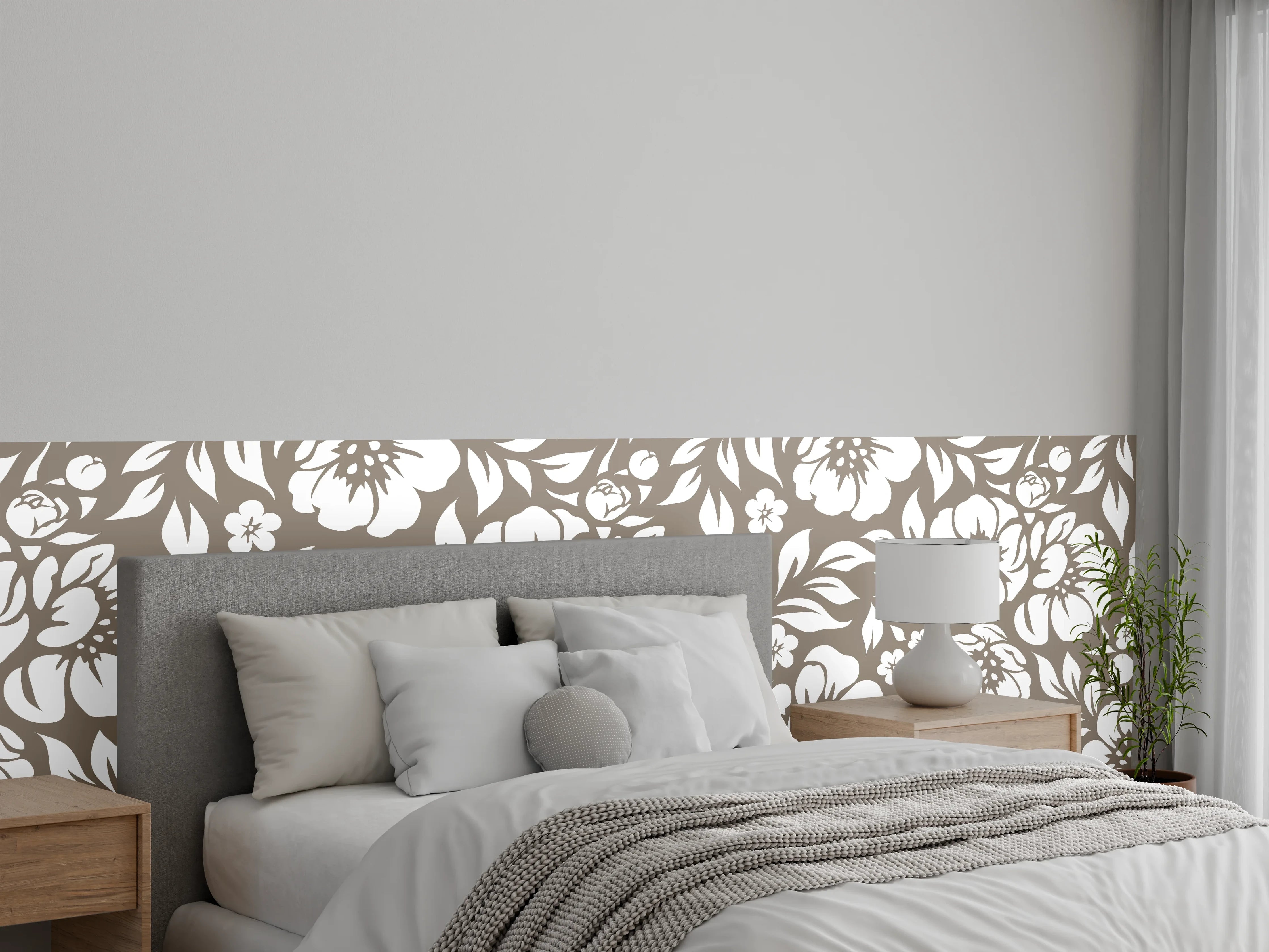 Wandverkleidung Schlafzimmer - Weiß-braunes Blumenmuster Tapetendesign