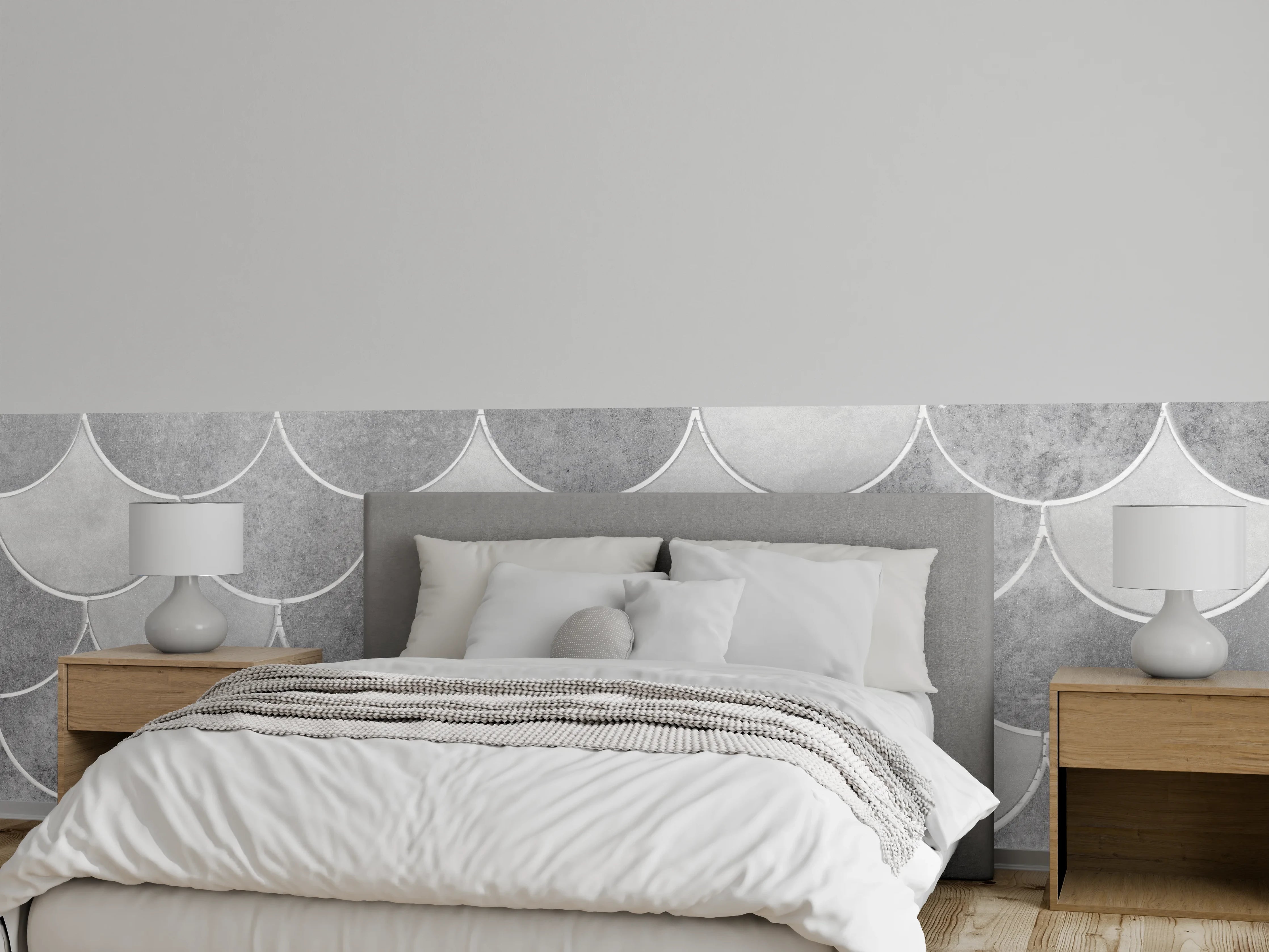 Wandverkleidung Schlafzimmer - Weiß-graue Fischschuppen Fliesen