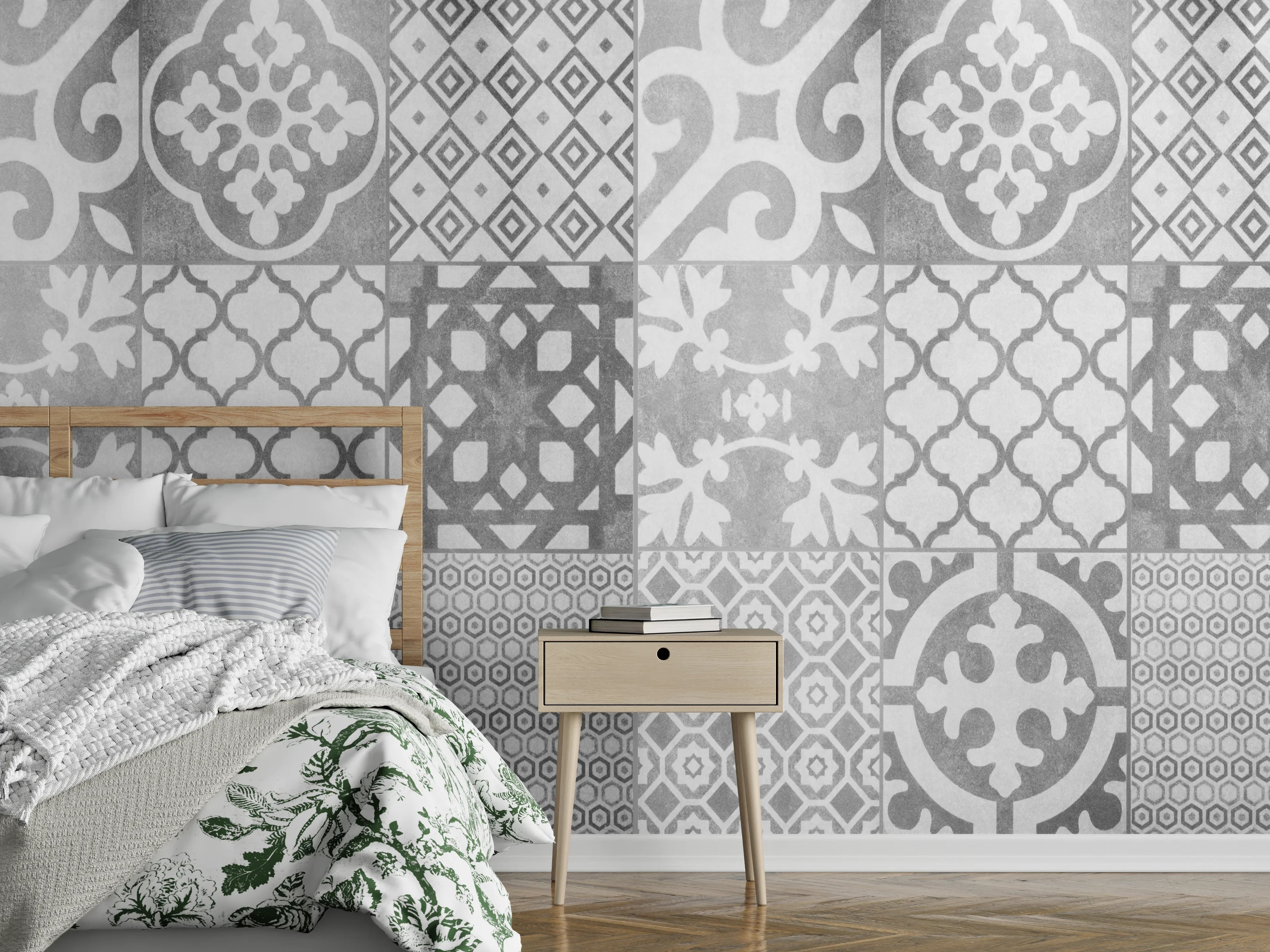 Wandverkleidung Schlafzimmer - Weiß graue vintage Fliesen