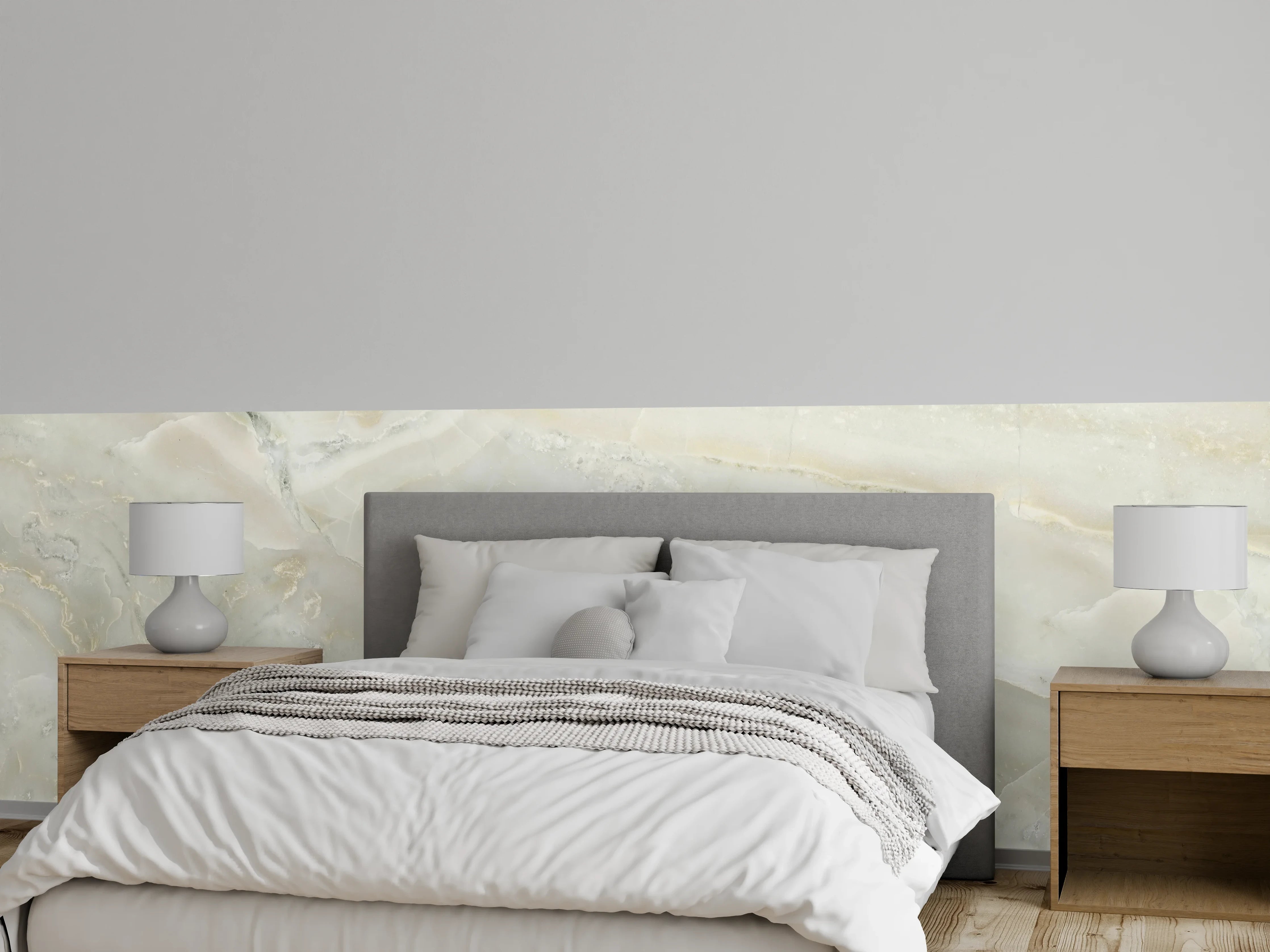 Wandverkleidung Schlafzimmer - Weiß-grauer Marmoreffekt – Eleganz pur