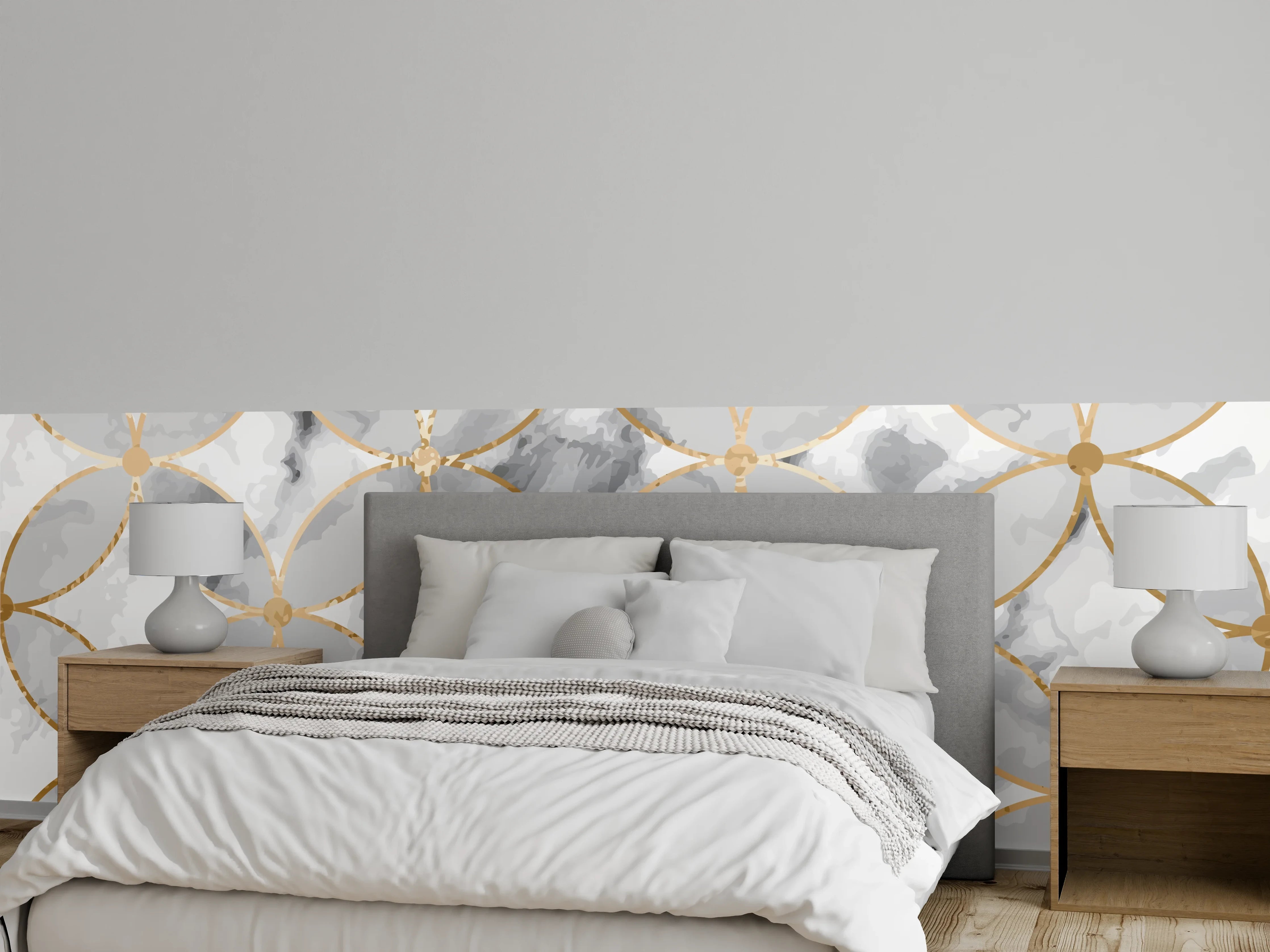 Wandverkleidung Schlafzimmer - Weiß-graues Marmormuster mit Goldakzent