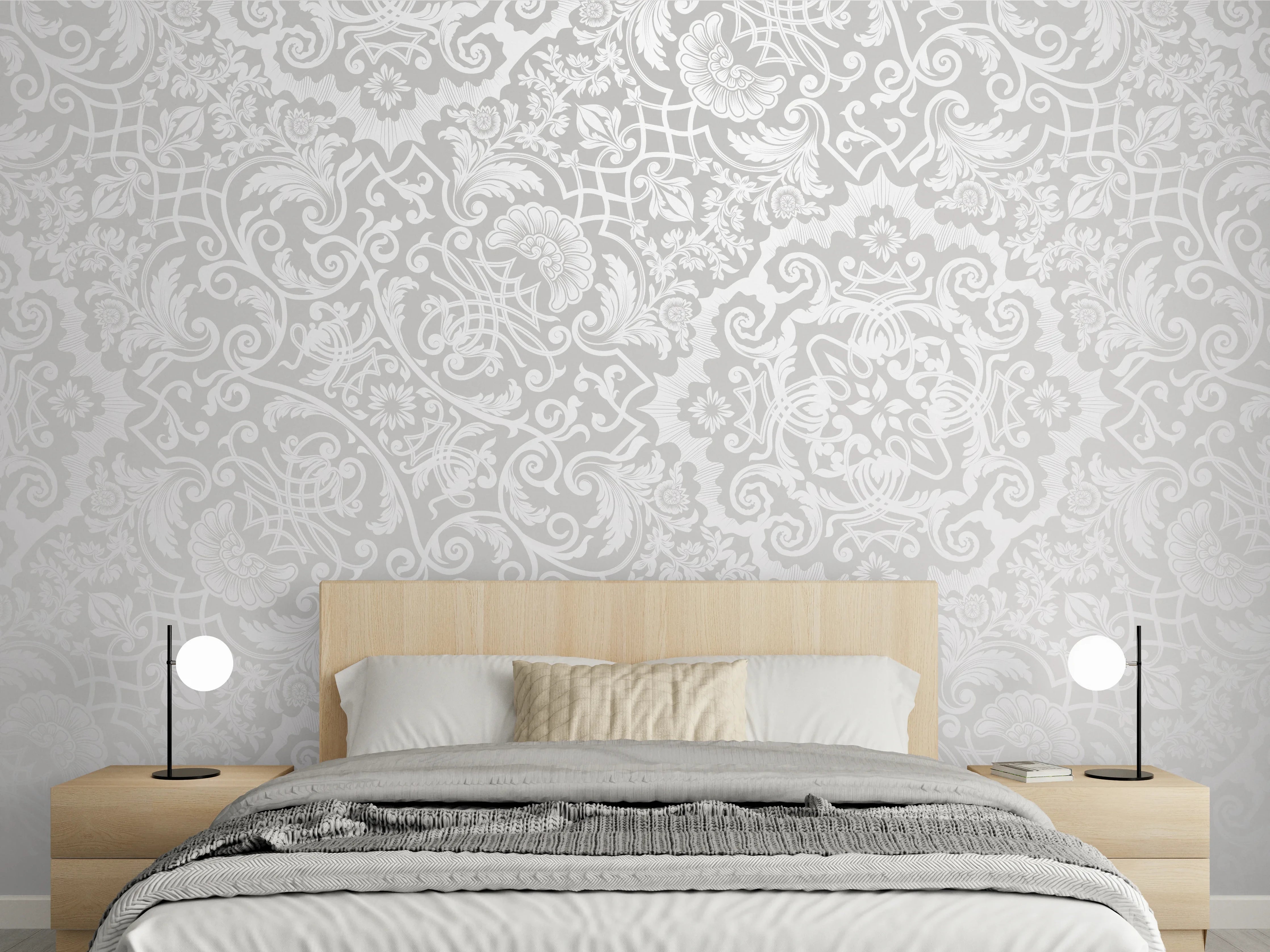 Wandverkleidung Schlafzimmer - Weiß-graues Ornamentmuster klassisch elegant