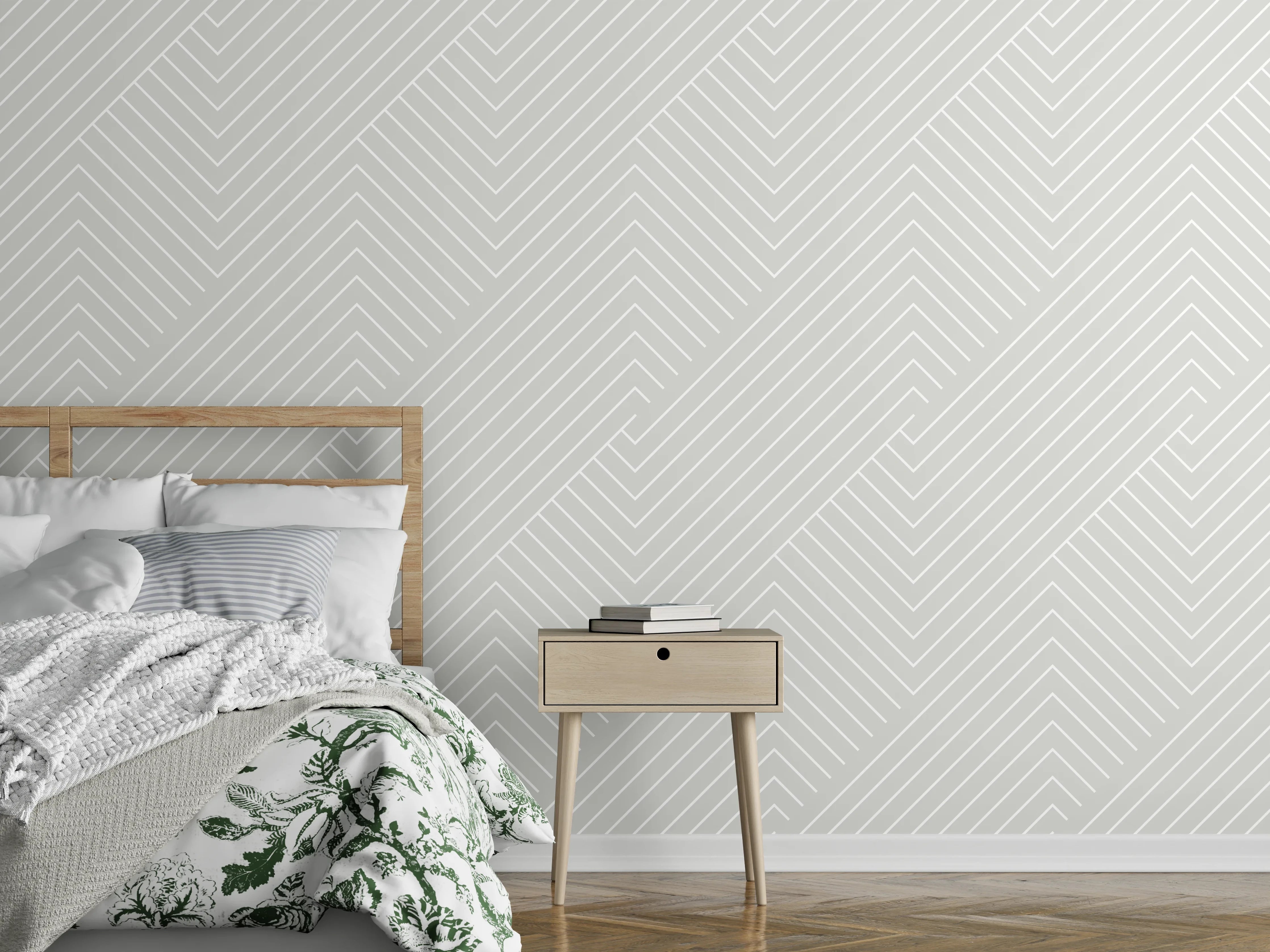 Wandverkleidung Schlafzimmer - Weiß-graues geometrisches Muster modern