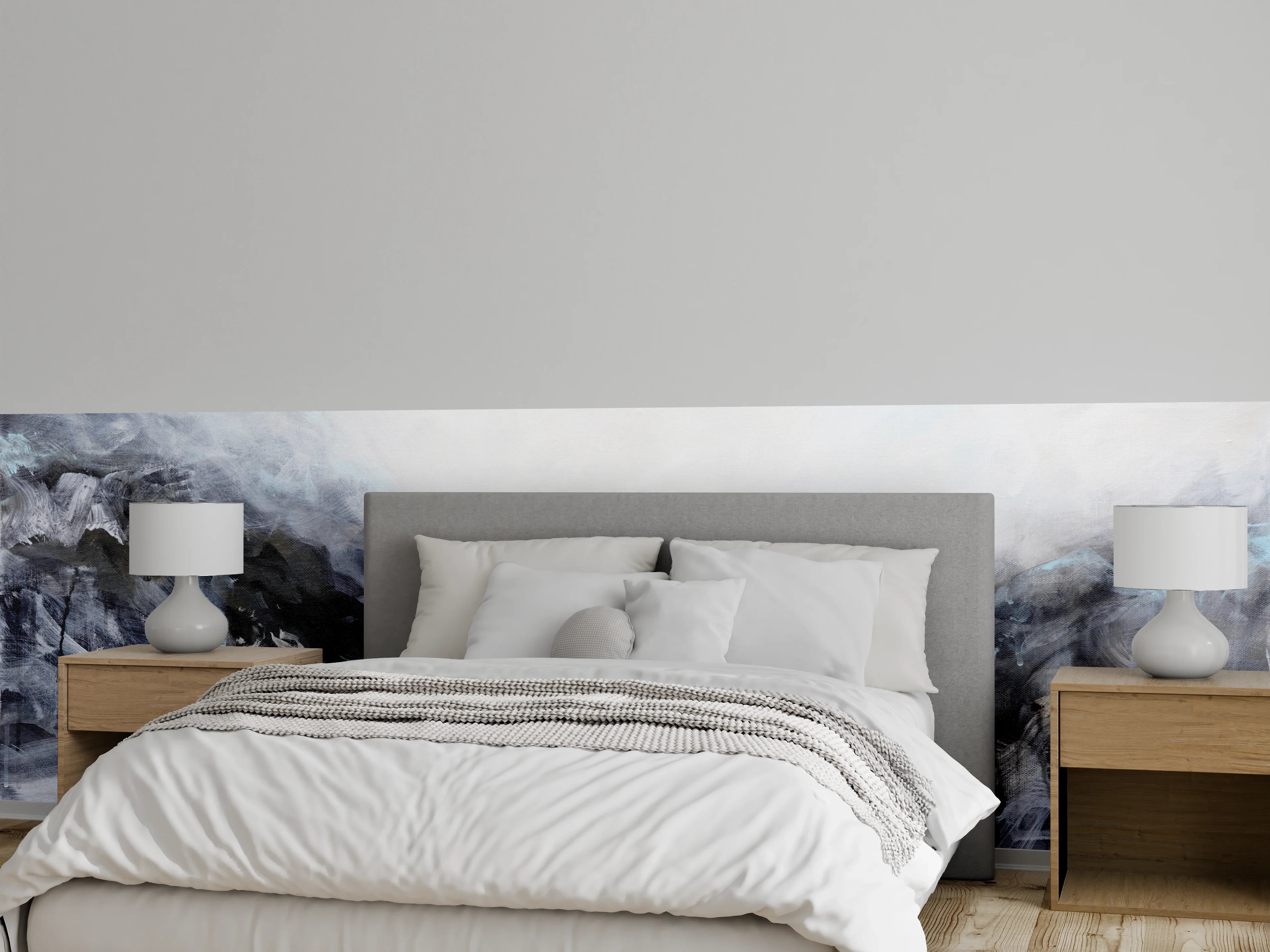 Wandverkleidung Schlafzimmer - Weiße Berglandschaft mit kühlem Farbenspiel