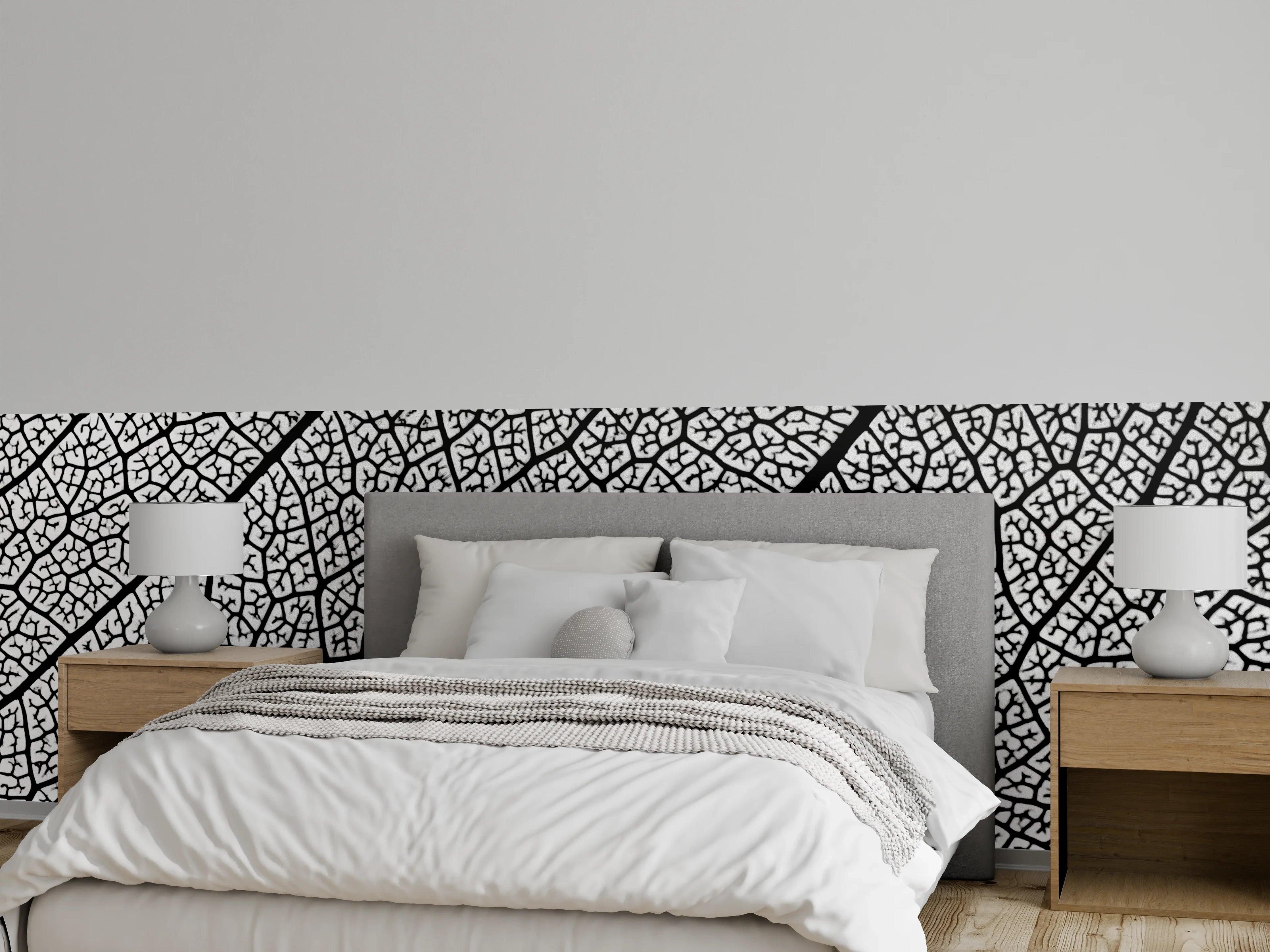 Wandverkleidung Schlafzimmer - Weiße Blattstruktur mit schwarzen Linien