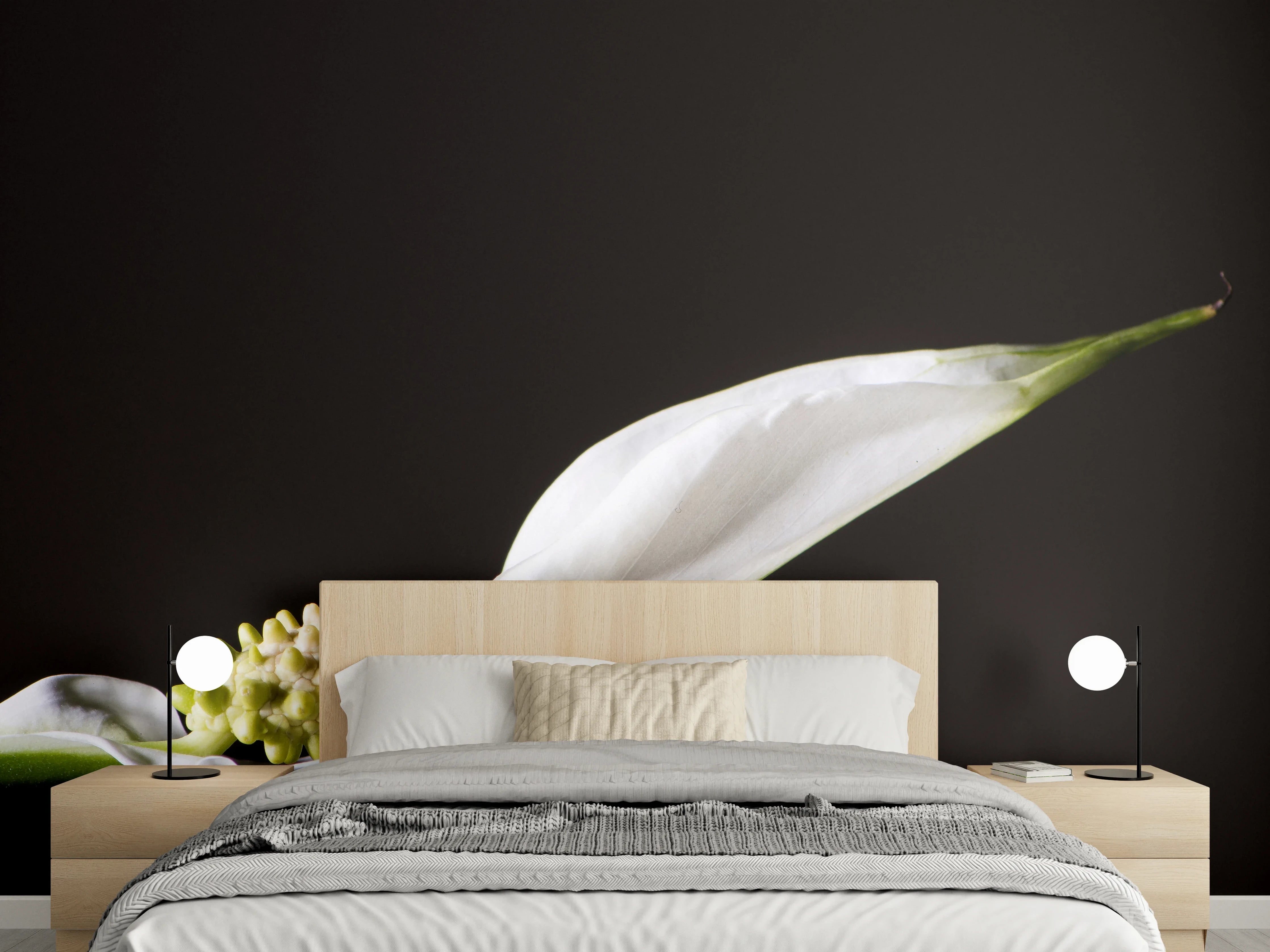 Wandverkleidung Schlafzimmer - Weiße Blume auf schwarzem Hintergrund