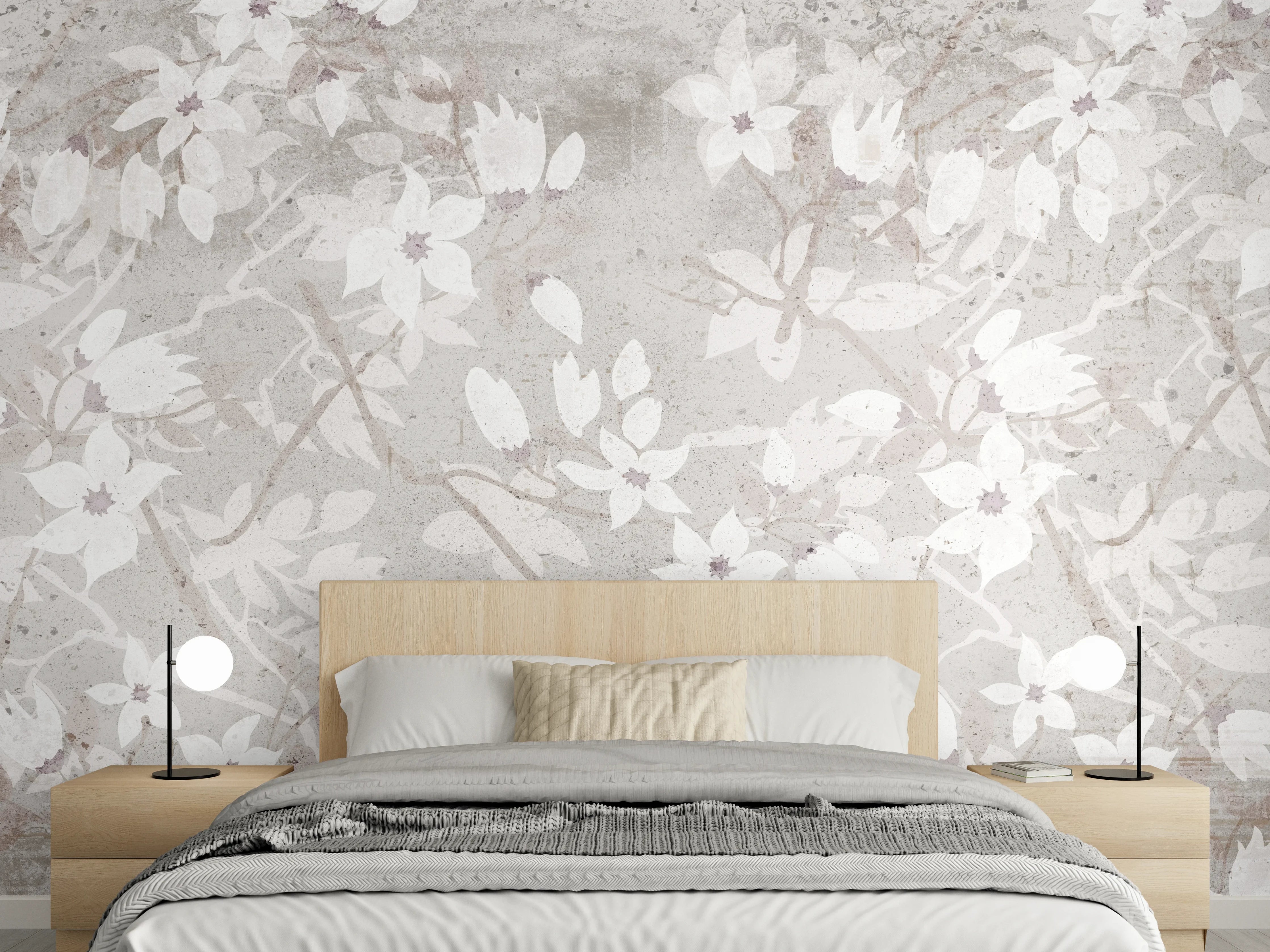Wandverkleidung Schlafzimmer - Weiße Blumen auf altem grauem Hintergrund