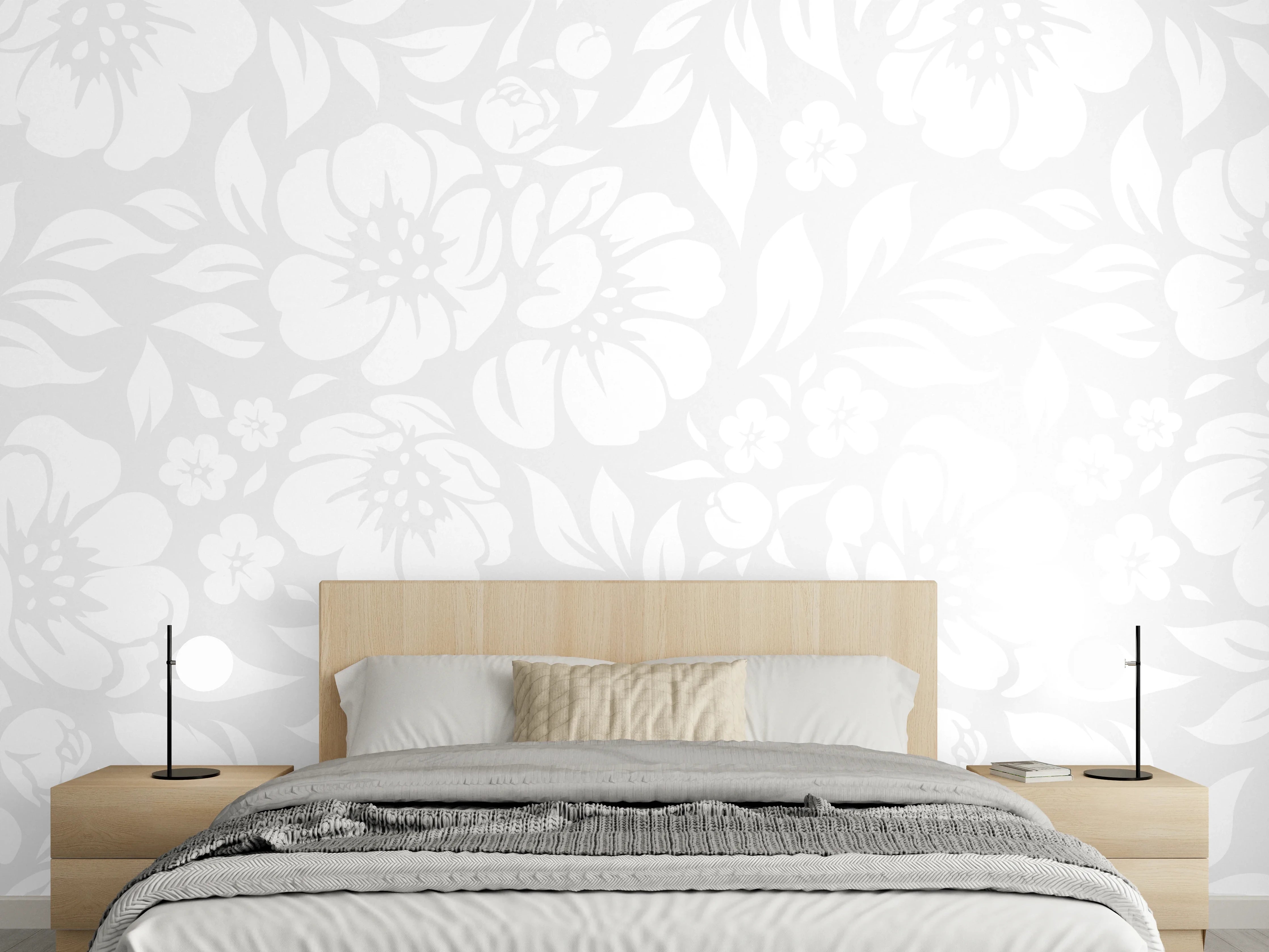 Wandverkleidung Schlafzimmer - Weiße Blumenwand mit dezenten Grautönen