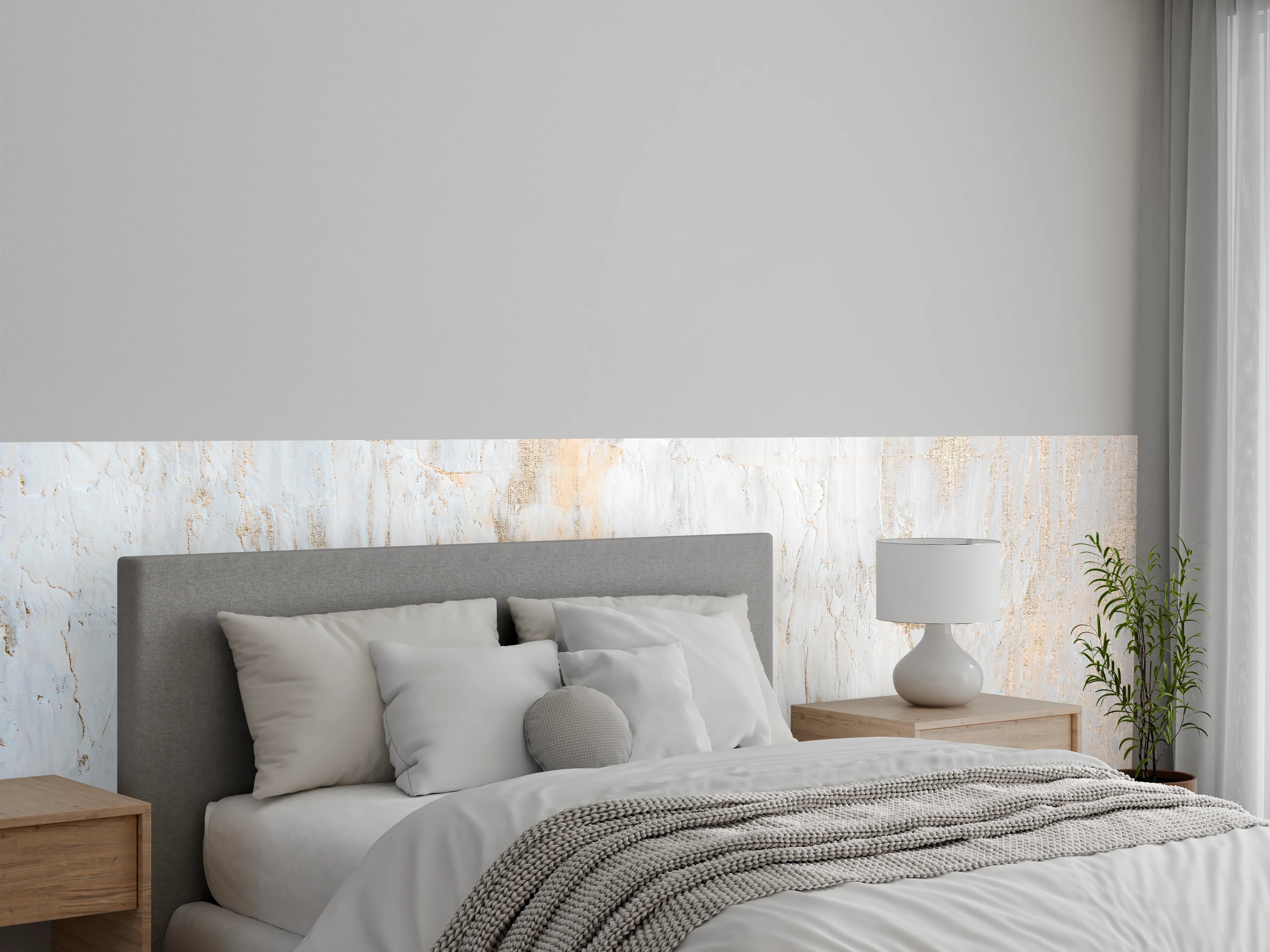 Wandverkleidung Schlafzimmer - Weiße Gipsstruktur mit warmen Akzenten