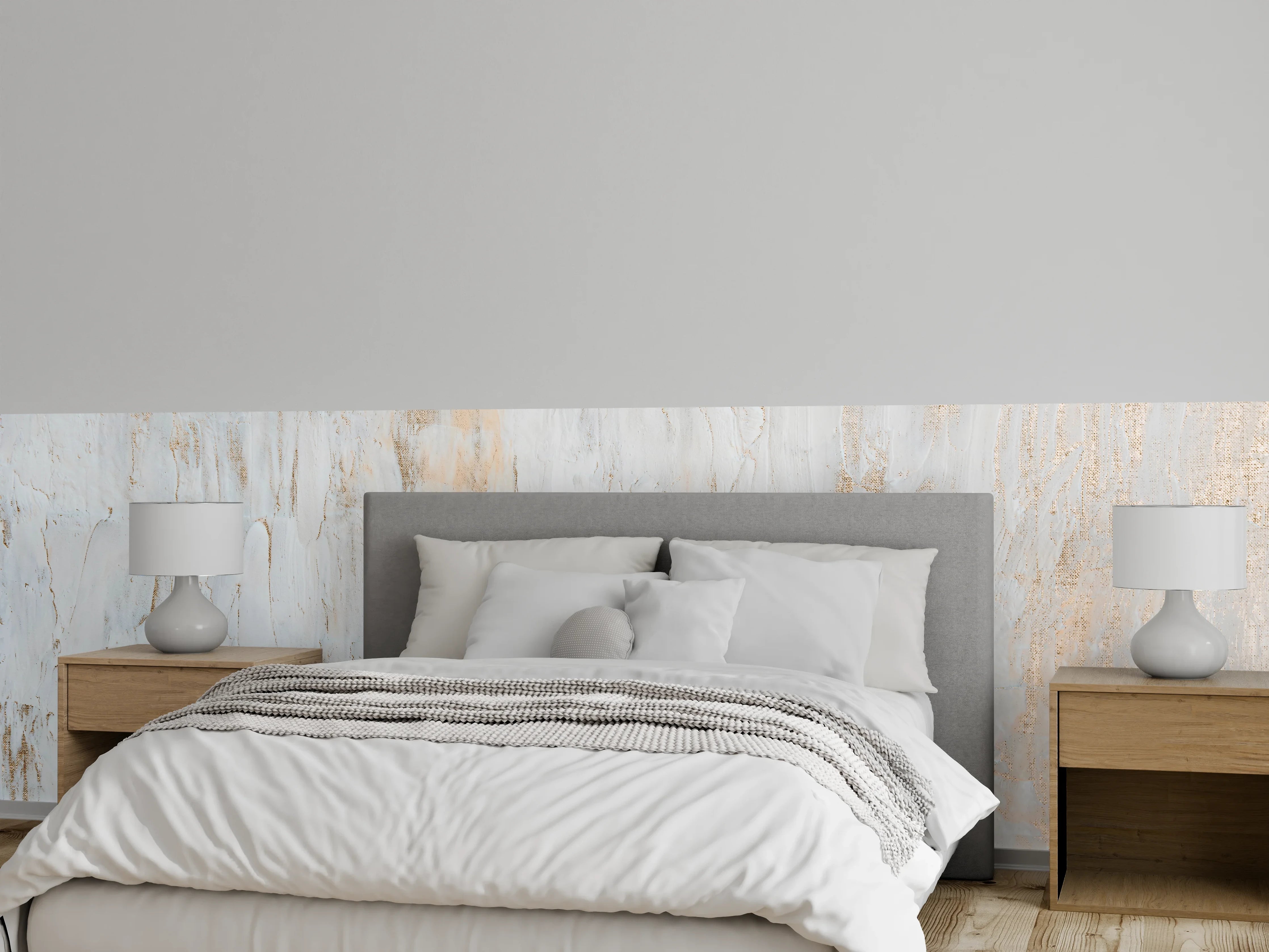 Wandverkleidung Schlafzimmer - Weiße Gipsstruktur mit warmen Akzenten