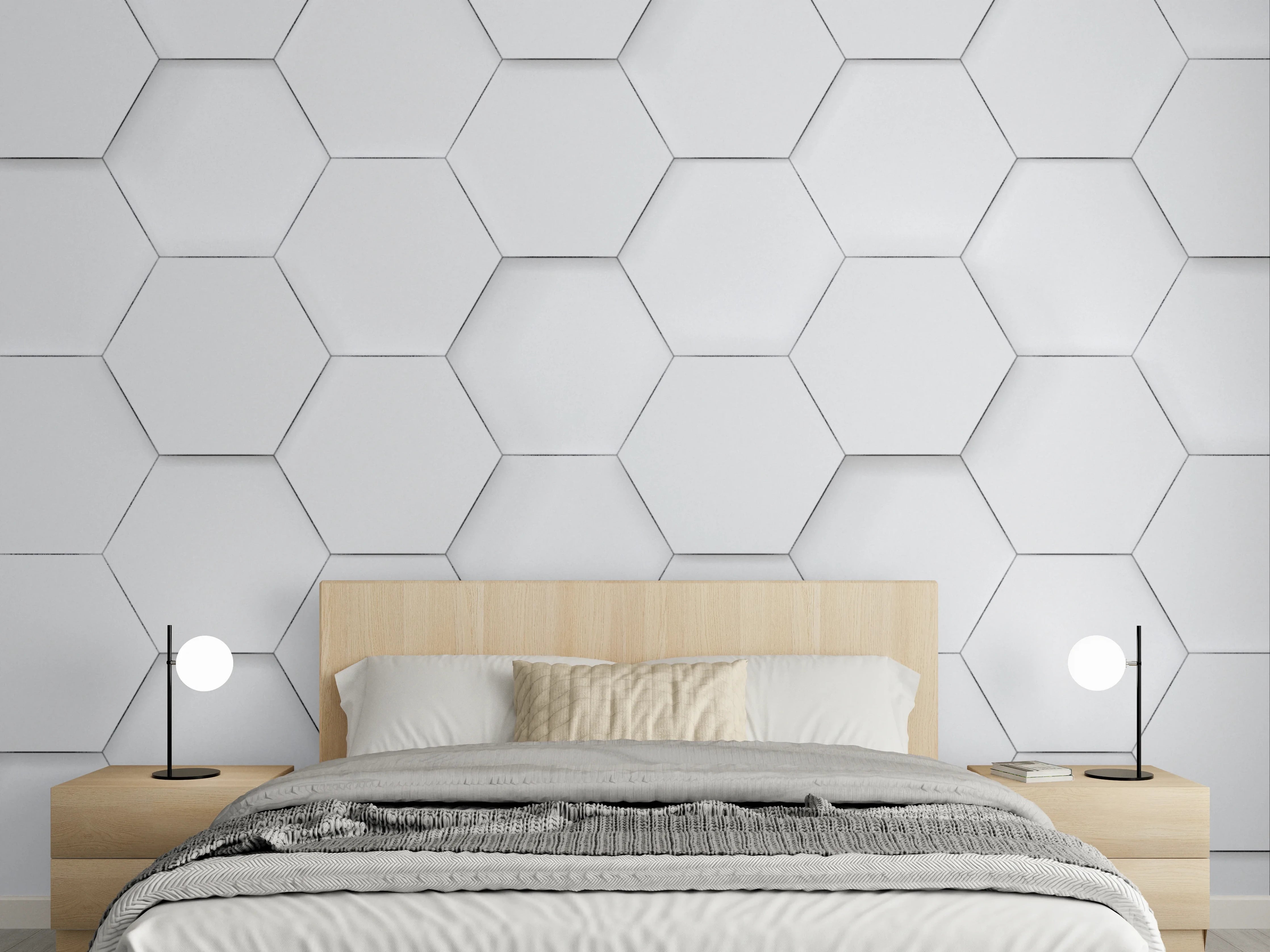 Wandverkleidung Schlafzimmer - Weiße Hexagon-Fliesen mit dezenter Musterung
