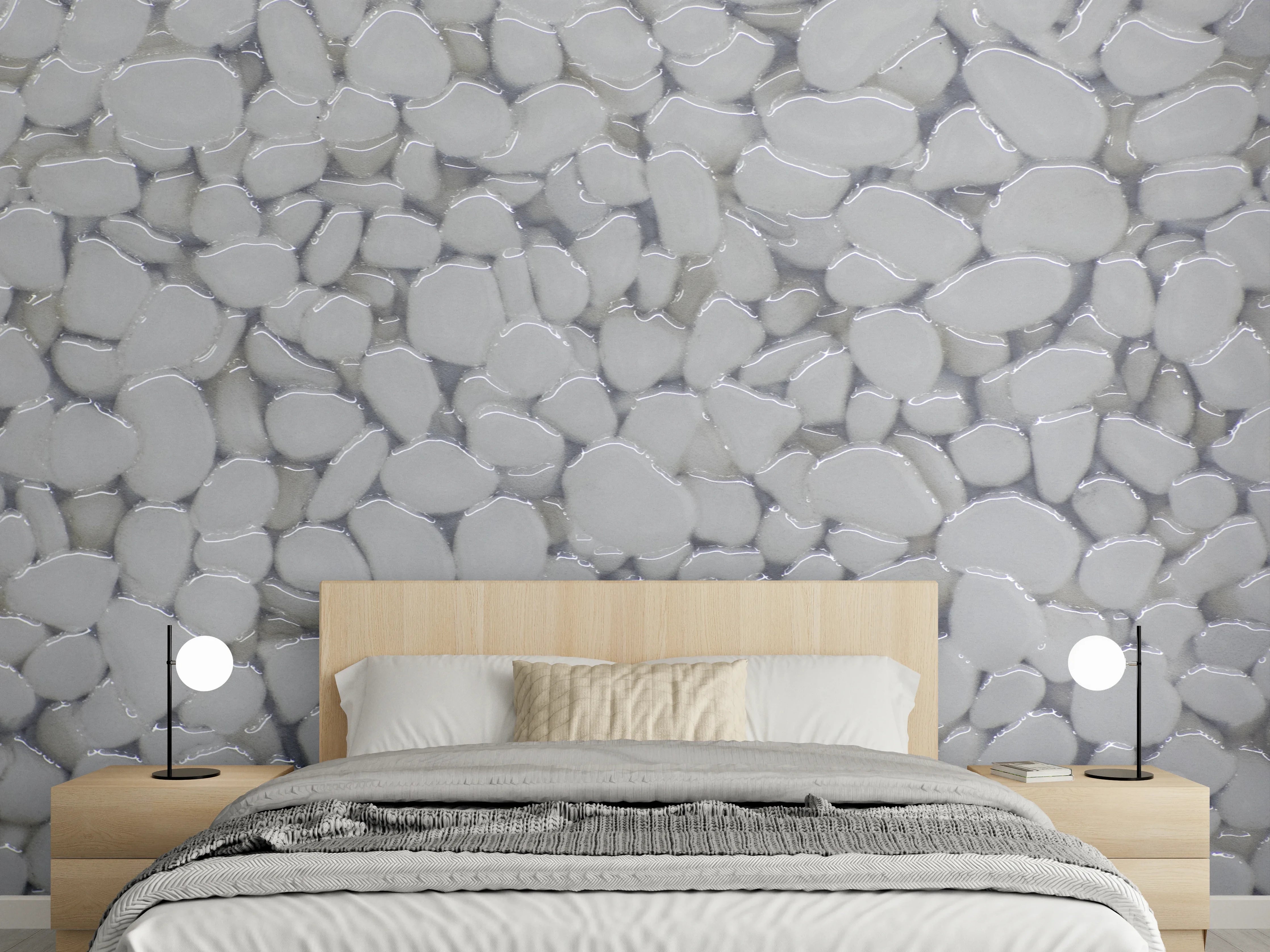 Wandverkleidung Schlafzimmer - Weiße Kiesel mit sanften Grau-Tönen