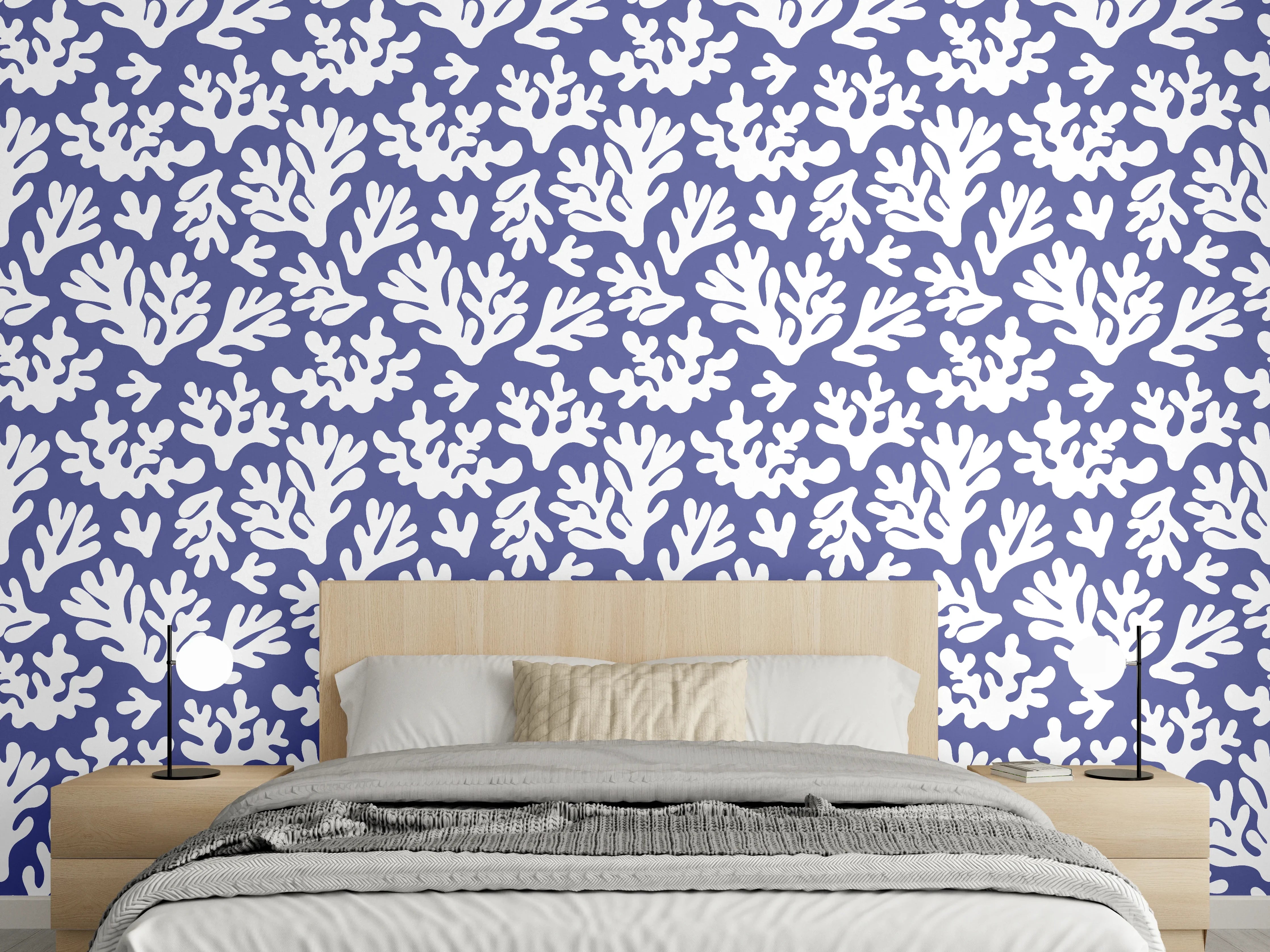 Wandverkleidung Schlafzimmer - Weiße Korallen auf Blau